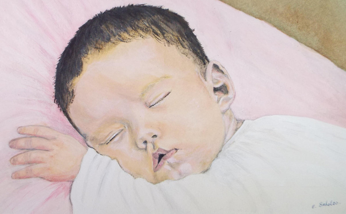 Original Watercolour & Gouache, 'Baby Sleeping', Circa 1980's, C Scholes