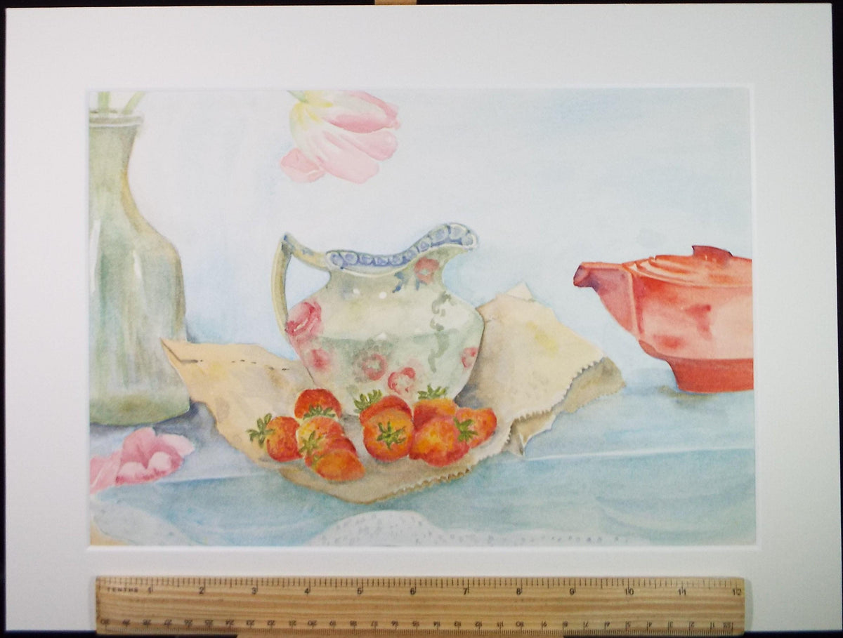 Original Watercolour, 'Still Life of Jug and Strawberries' circa 1980's, Artist Unknown