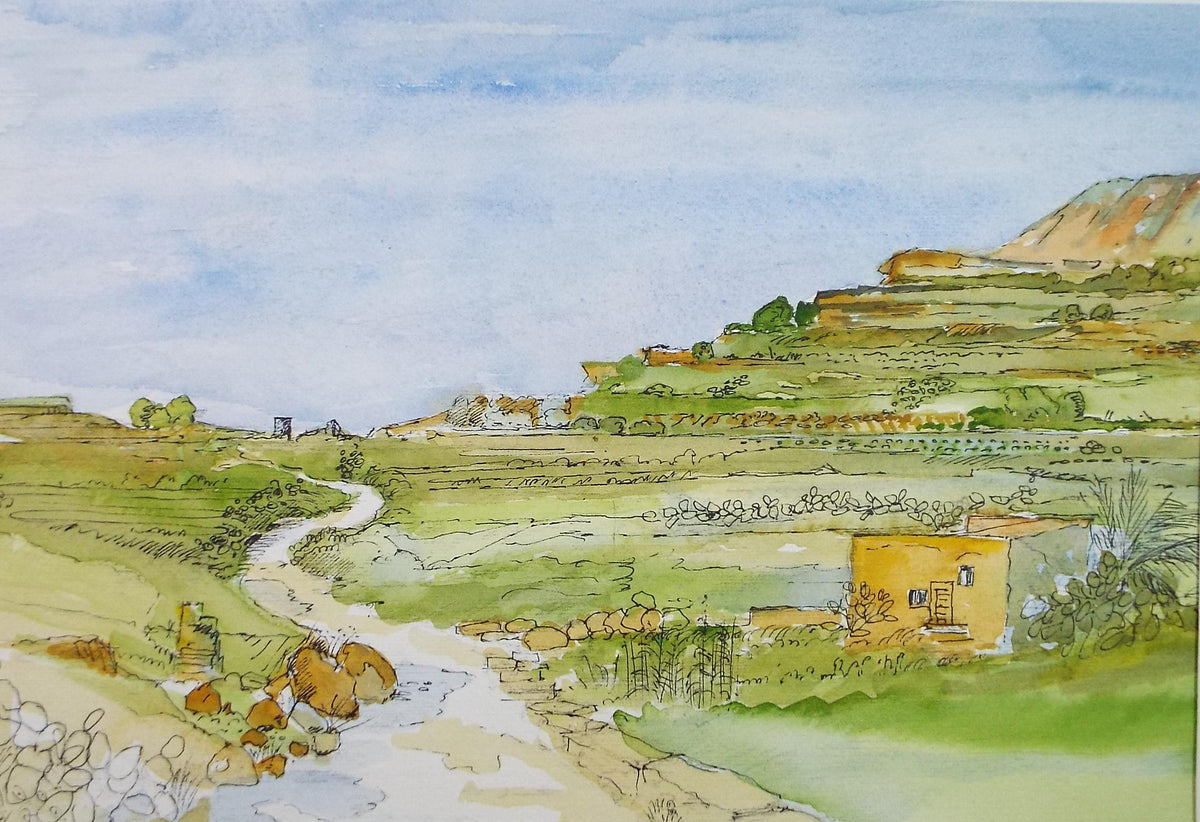 Original Watercolour on Paper, 'Terrace fields on Gozo' , Dated 2000, artist Unknown