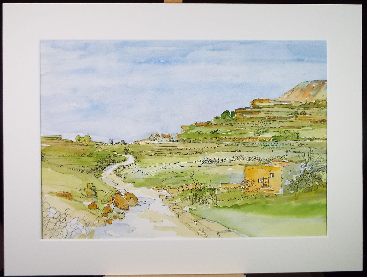 Original Watercolour on Paper, 'Terrace fields on Gozo' , Dated 2000, artist Unknown
