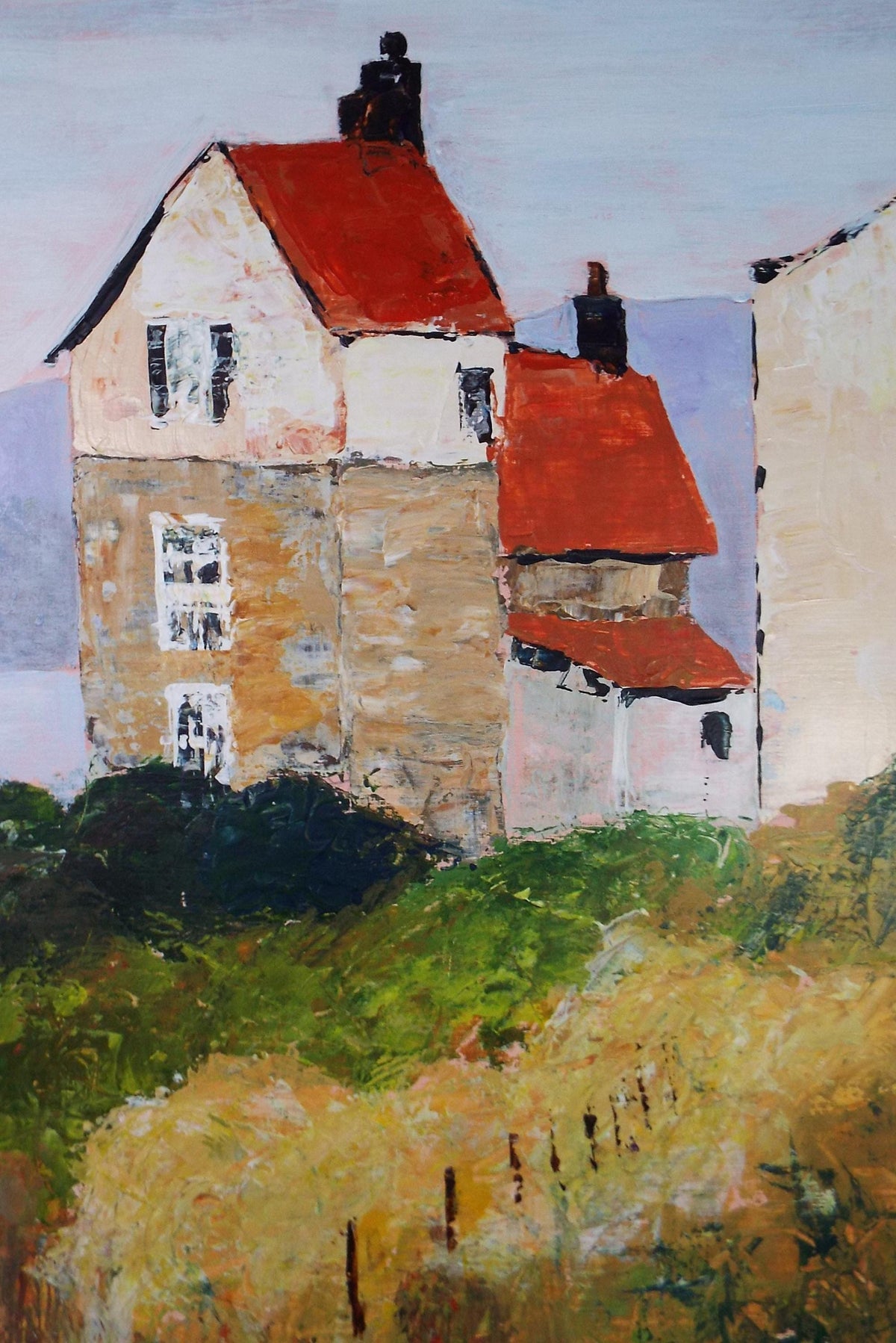 Original acrylic painting 'Red roofed house' Circa 1980's, Artist Unknown