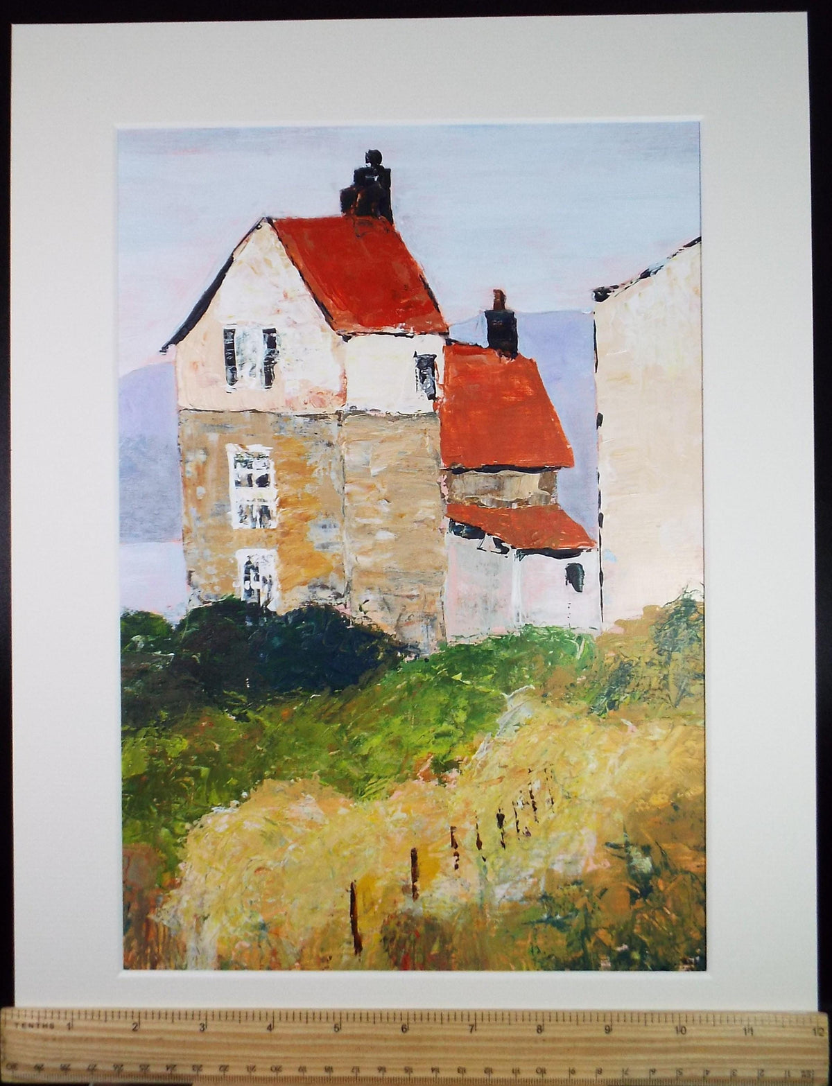 Original acrylic painting 'Red roofed house' Circa 1980's, Artist Unknown