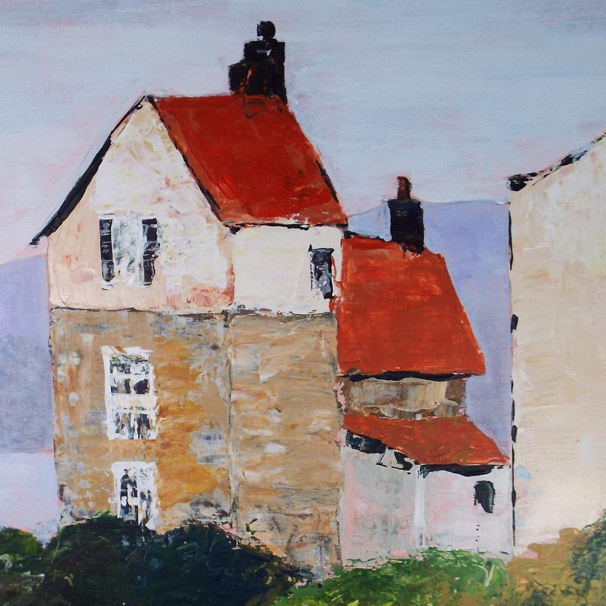 Original acrylic painting 'Red roofed house' Circa 1980's, Artist Unknown