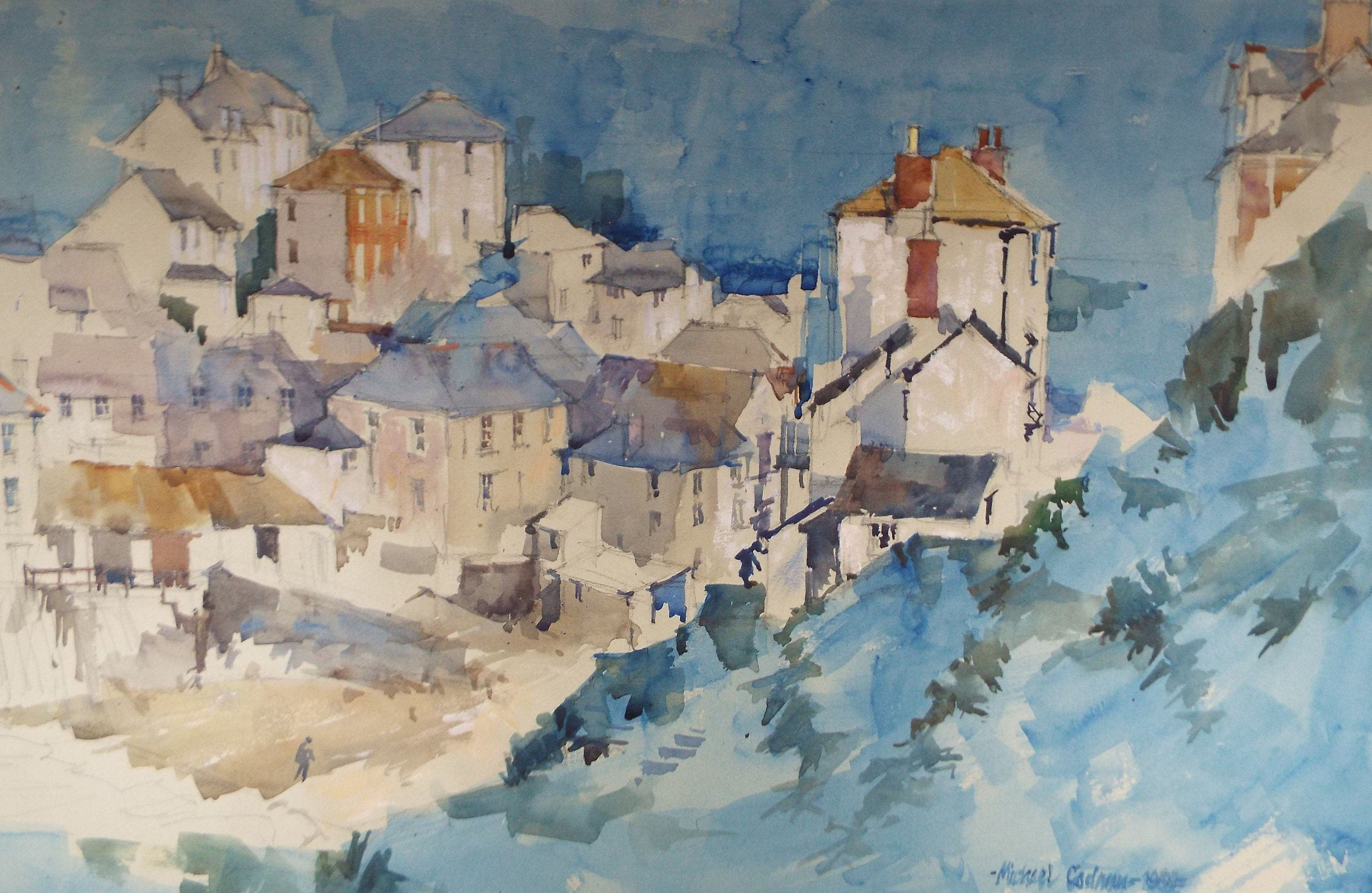 Michael Cadman RI ARCA (1920-2012) 1992 'French Mountain Village in Blue'- Original Watercolour on Paper, Double Mounted ready for framing