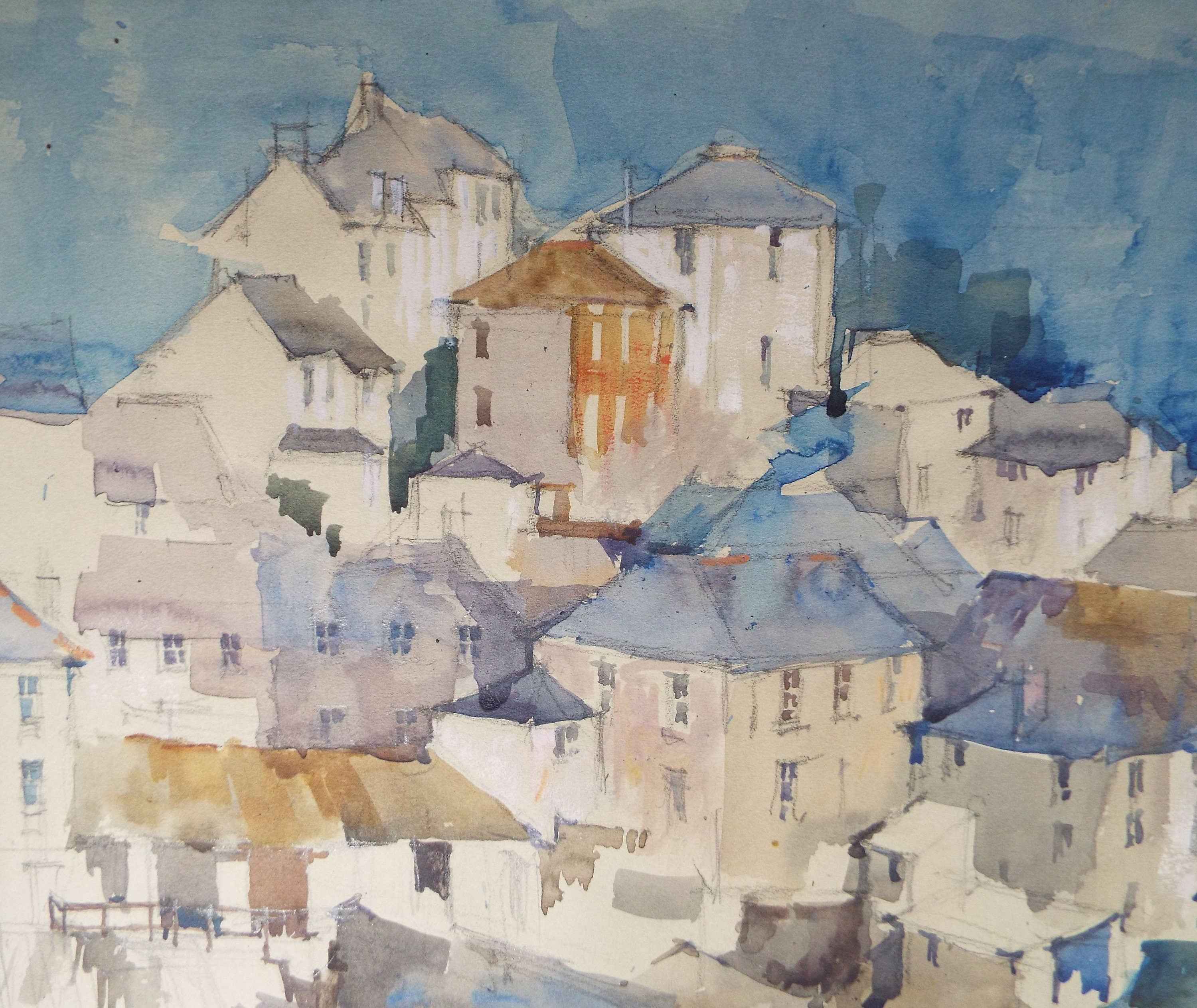 Michael Cadman RI ARCA (1920-2012) 1992 'French Mountain Village in Blue'- Original Watercolour on Paper, Double Mounted ready for framing