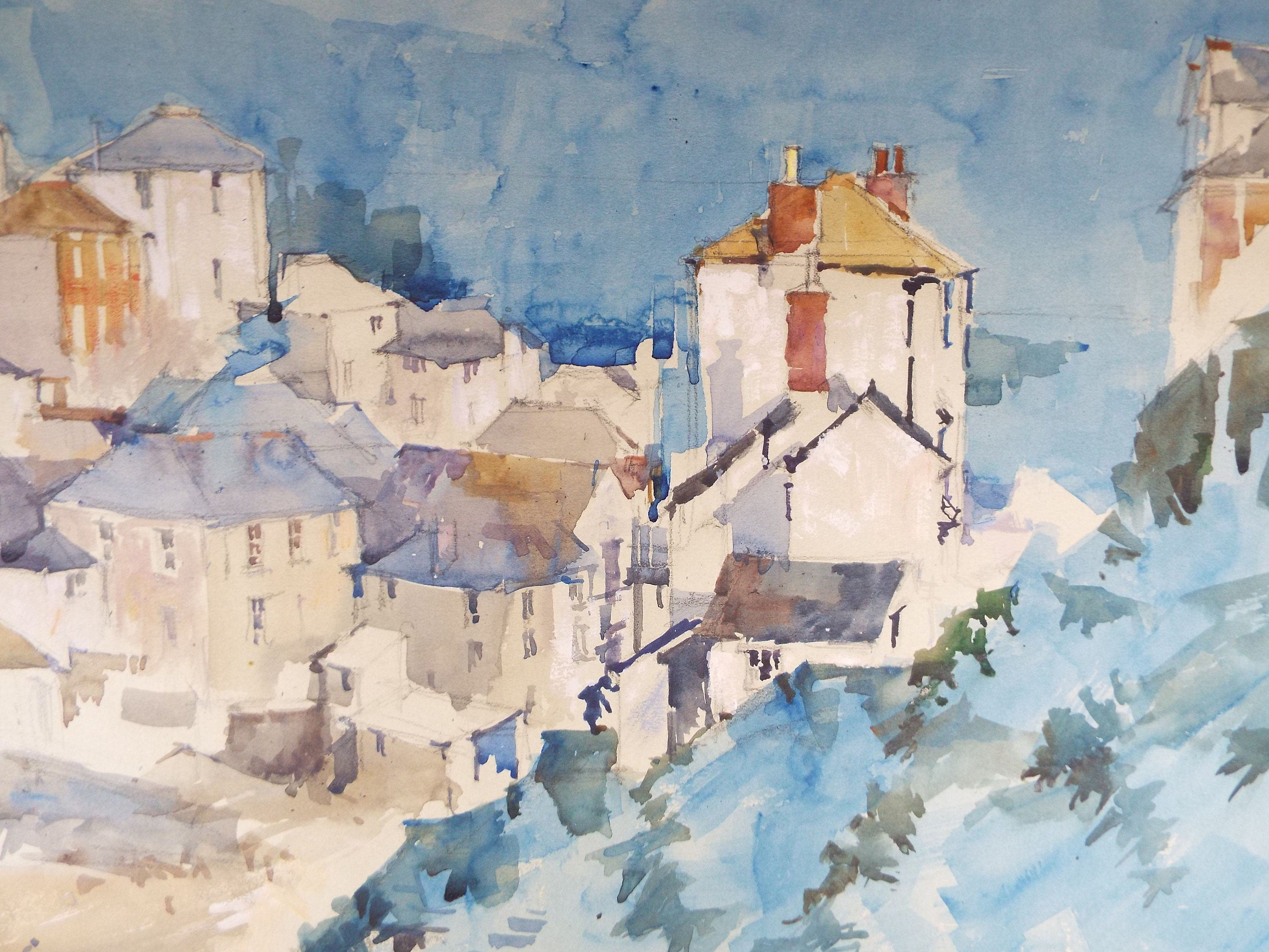 Michael Cadman RI ARCA (1920-2012) 1992 'French Mountain Village in Blue'- Original Watercolour on Paper, Double Mounted ready for framing