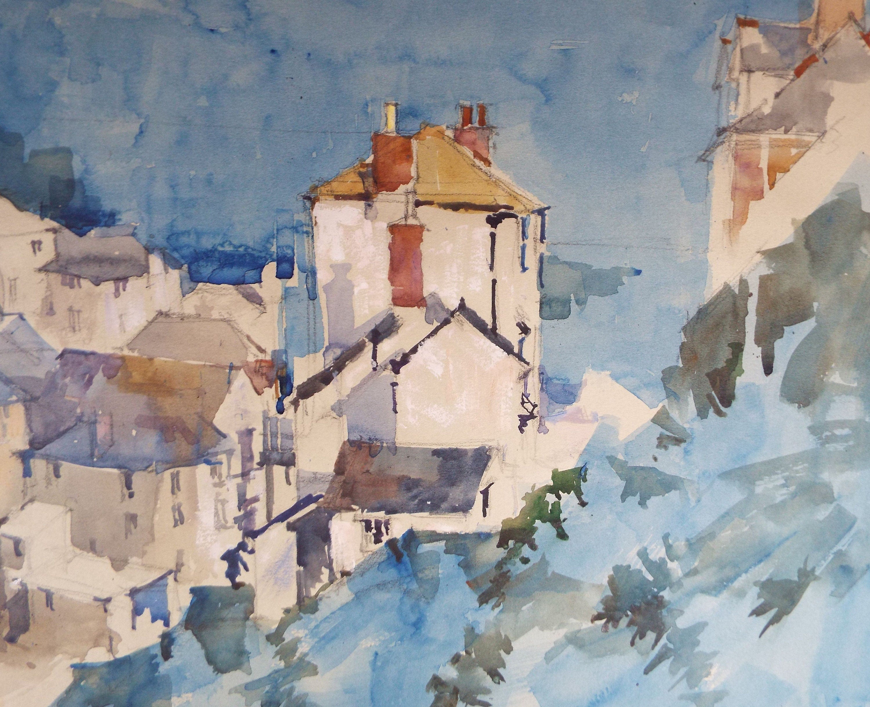 Michael Cadman RI ARCA (1920-2012) 1992 'French Mountain Village in Blue'- Original Watercolour on Paper, Double Mounted ready for framing