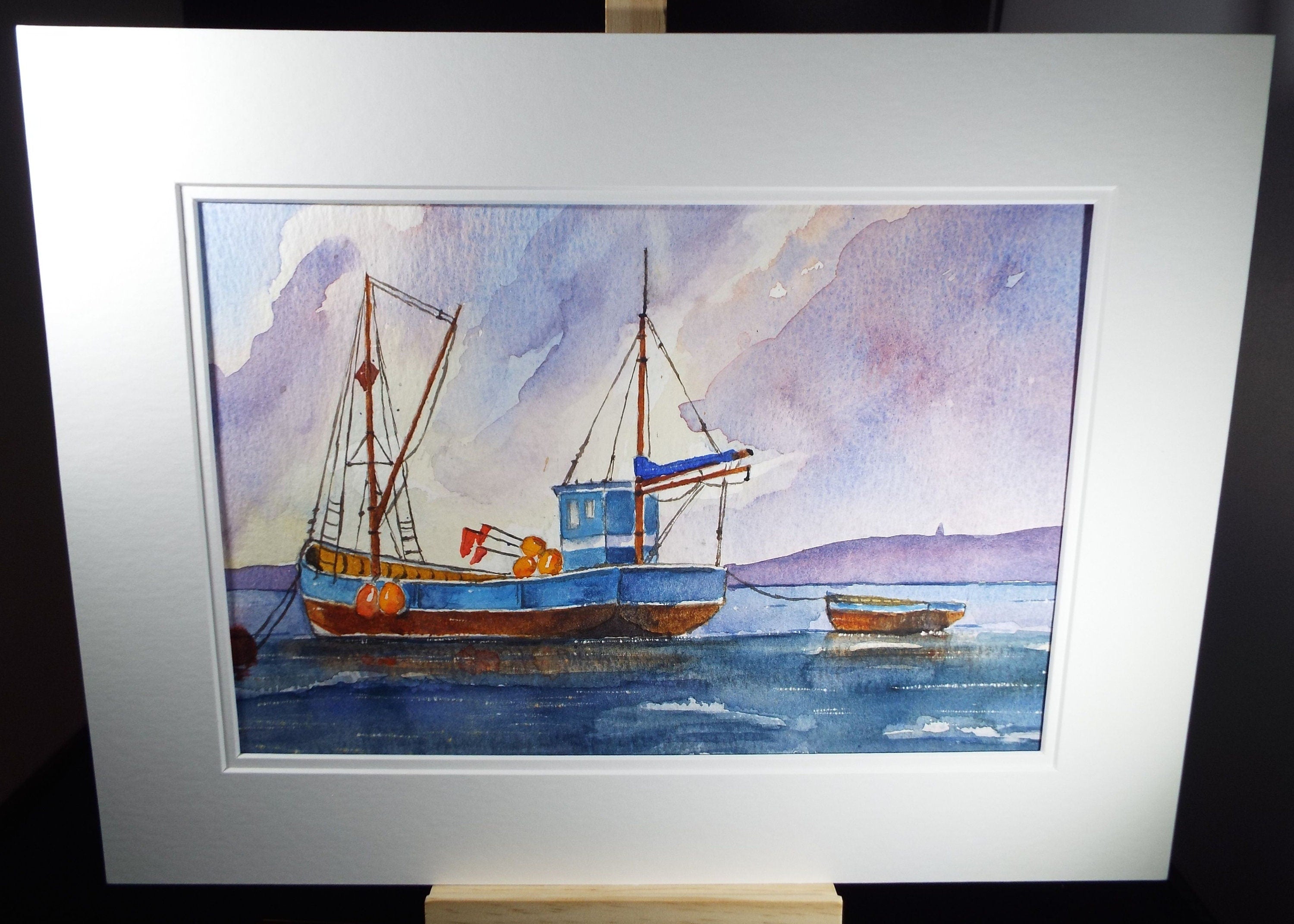 Ray Burns (20th Century), British, 'Blue Fishing Boat' - Original Watercolour on Paper, Double Mounted ready for framing