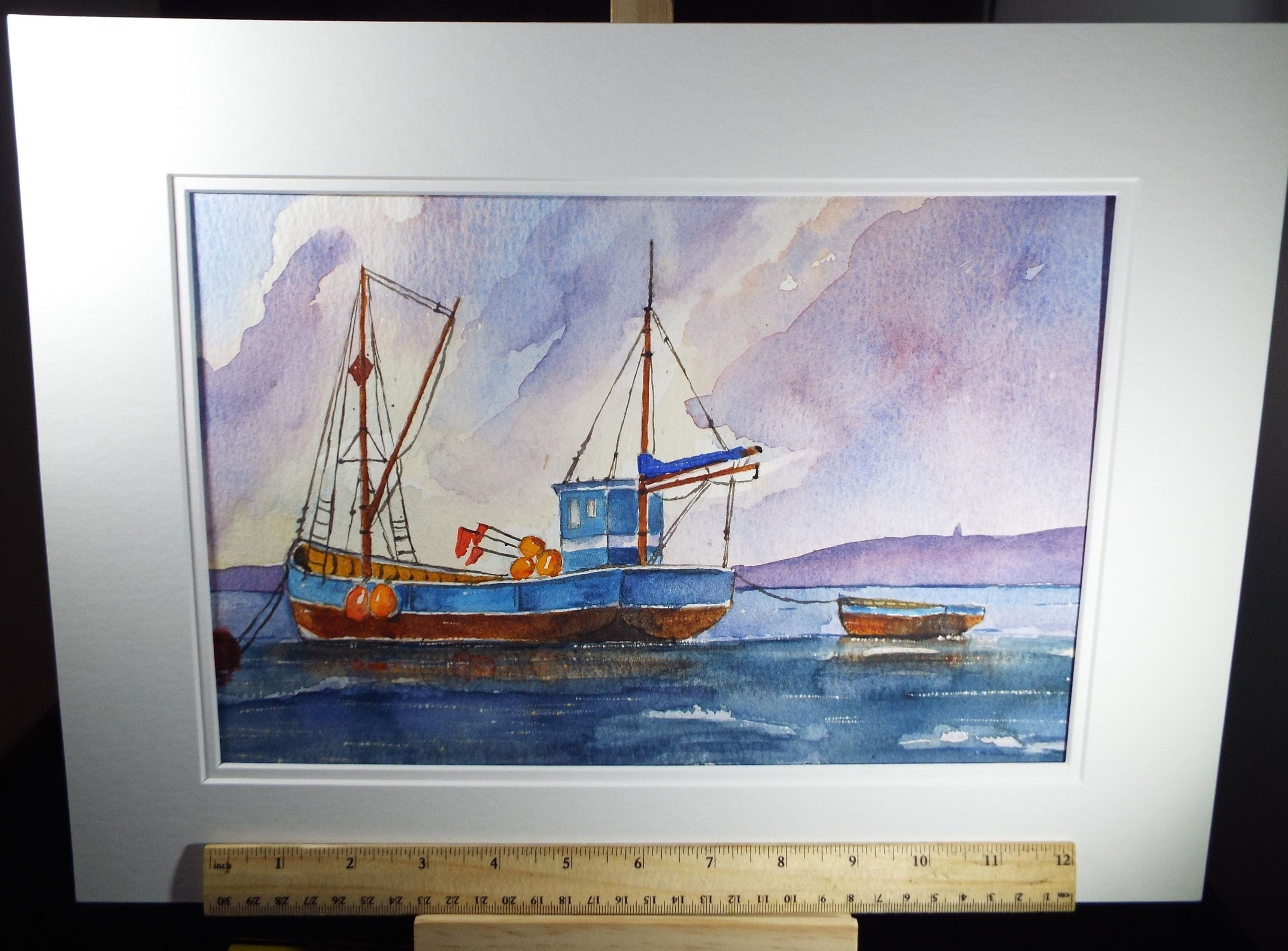 Ray Burns (20th Century), British, 'Blue Fishing Boat' - Original Watercolour on Paper, Double Mounted ready for framing