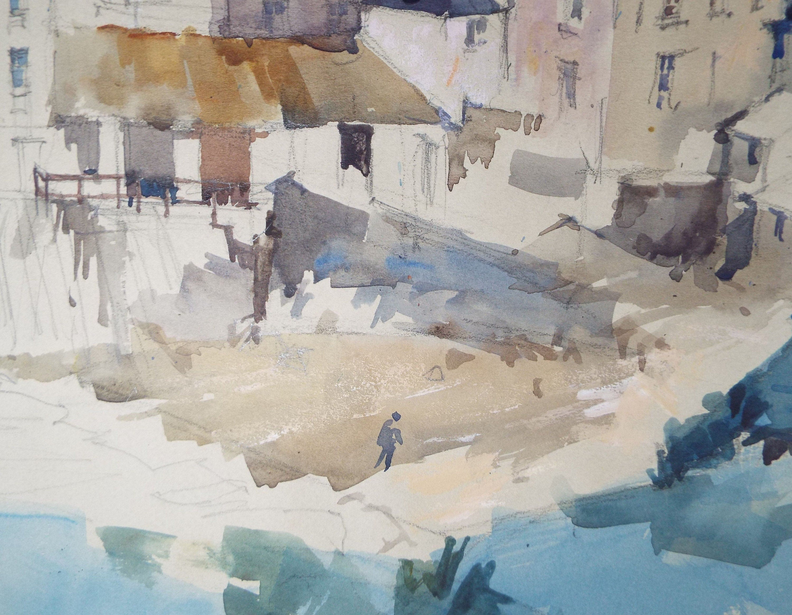 Michael Cadman RI ARCA (1920-2012) 1992 'French Mountain Village in Blue'- Original Watercolour on Paper, Double Mounted ready for framing