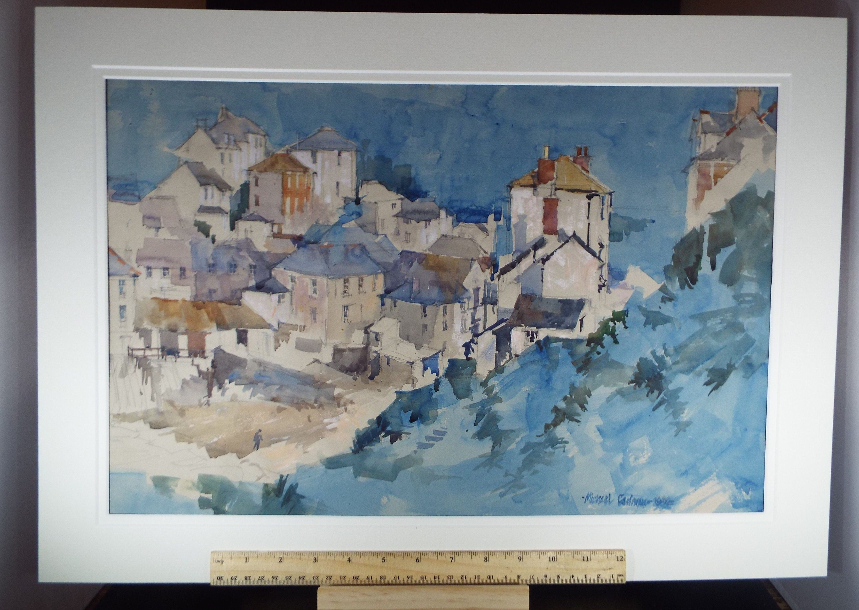 Michael Cadman RI ARCA (1920-2012) 1992 'French Mountain Village in Blue'- Original Watercolour on Paper, Double Mounted ready for framing