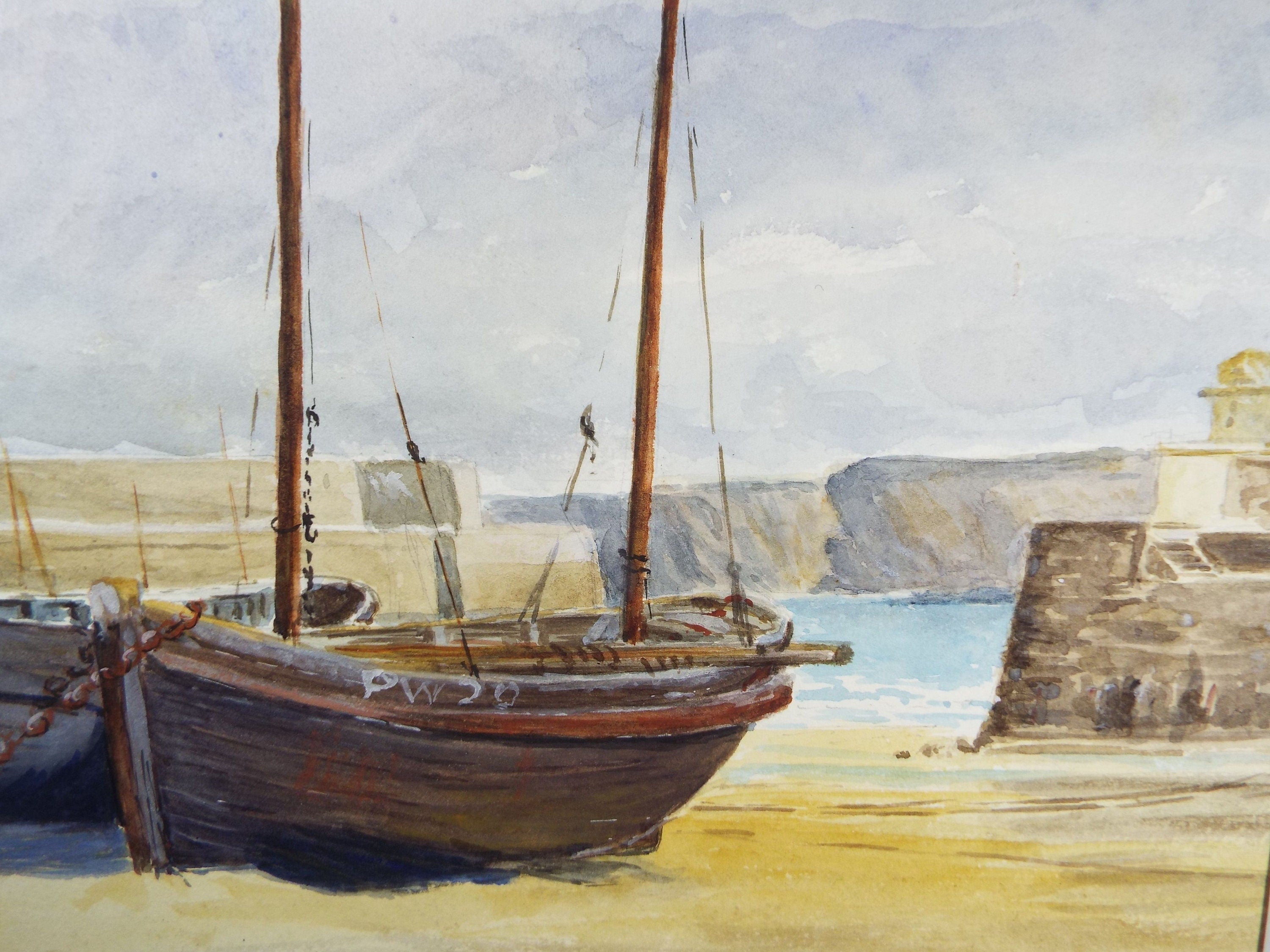 Original Watercolour, 'Fishing Boat at low Tide', c1910, Unknown Artist