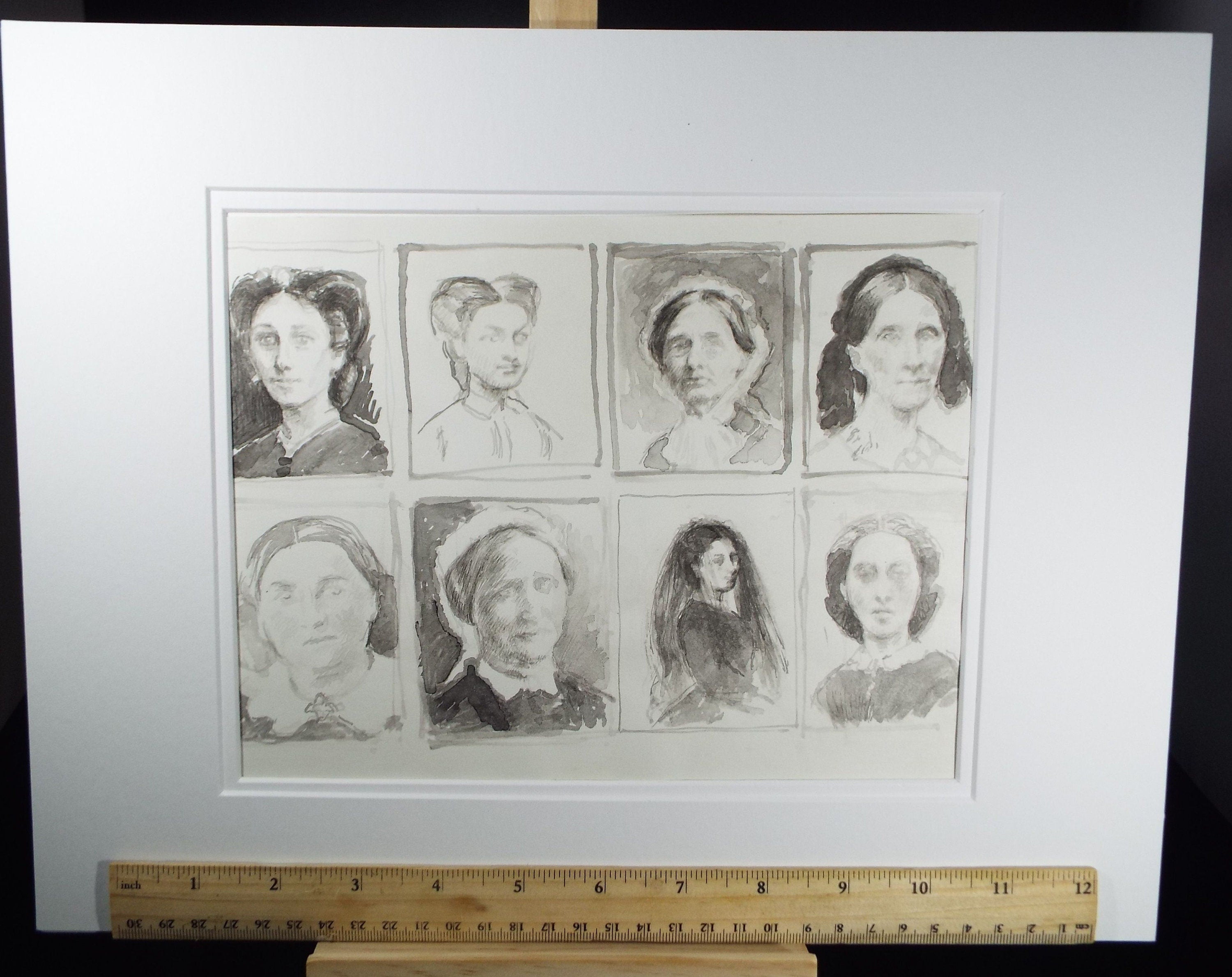 Original Pen and Black Wash Sketch  'Grisaille Portraits of Victorian Women', c1990s,  Michael Stennett (British 1946-2020)