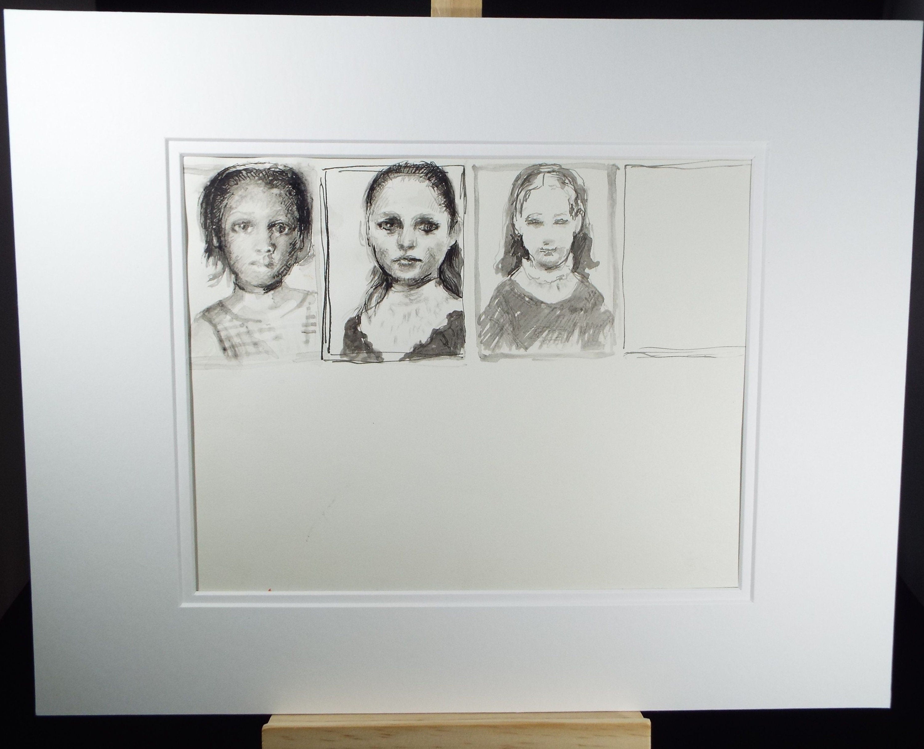 Original Pen and Black Wash Sketch  'Grisaille Portraits of Girls - Unfinished Work', c1990s,  Michael Stennett (British 1946-2020)