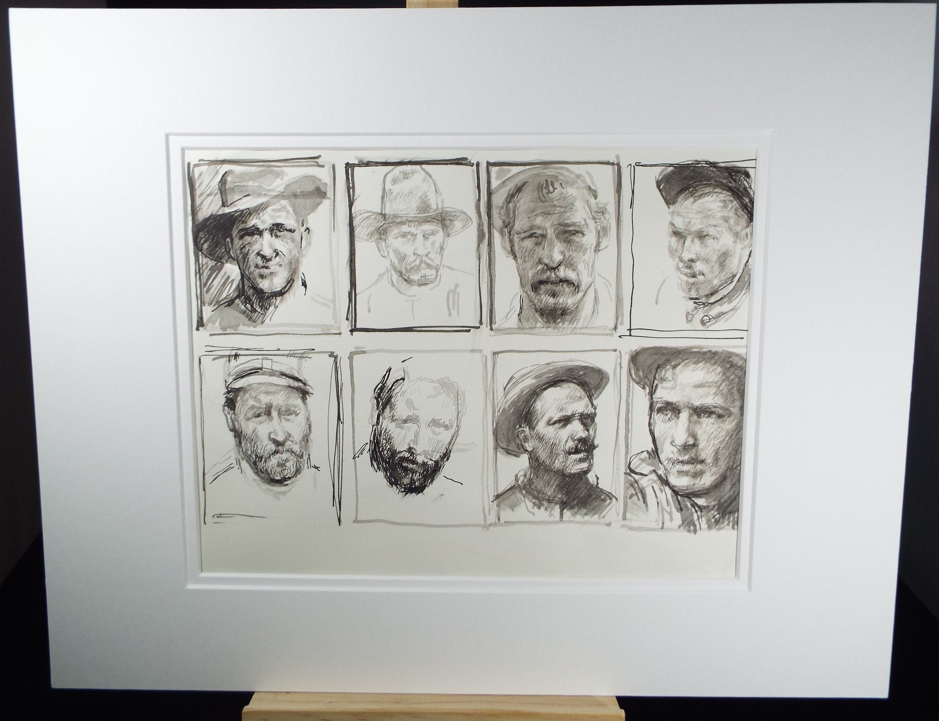 Original Pen and Black Wash Sketch  'Portraits of American Soldiers in Civil war Uniform', c1990s,  Michael Stennett (British 1946-2020)