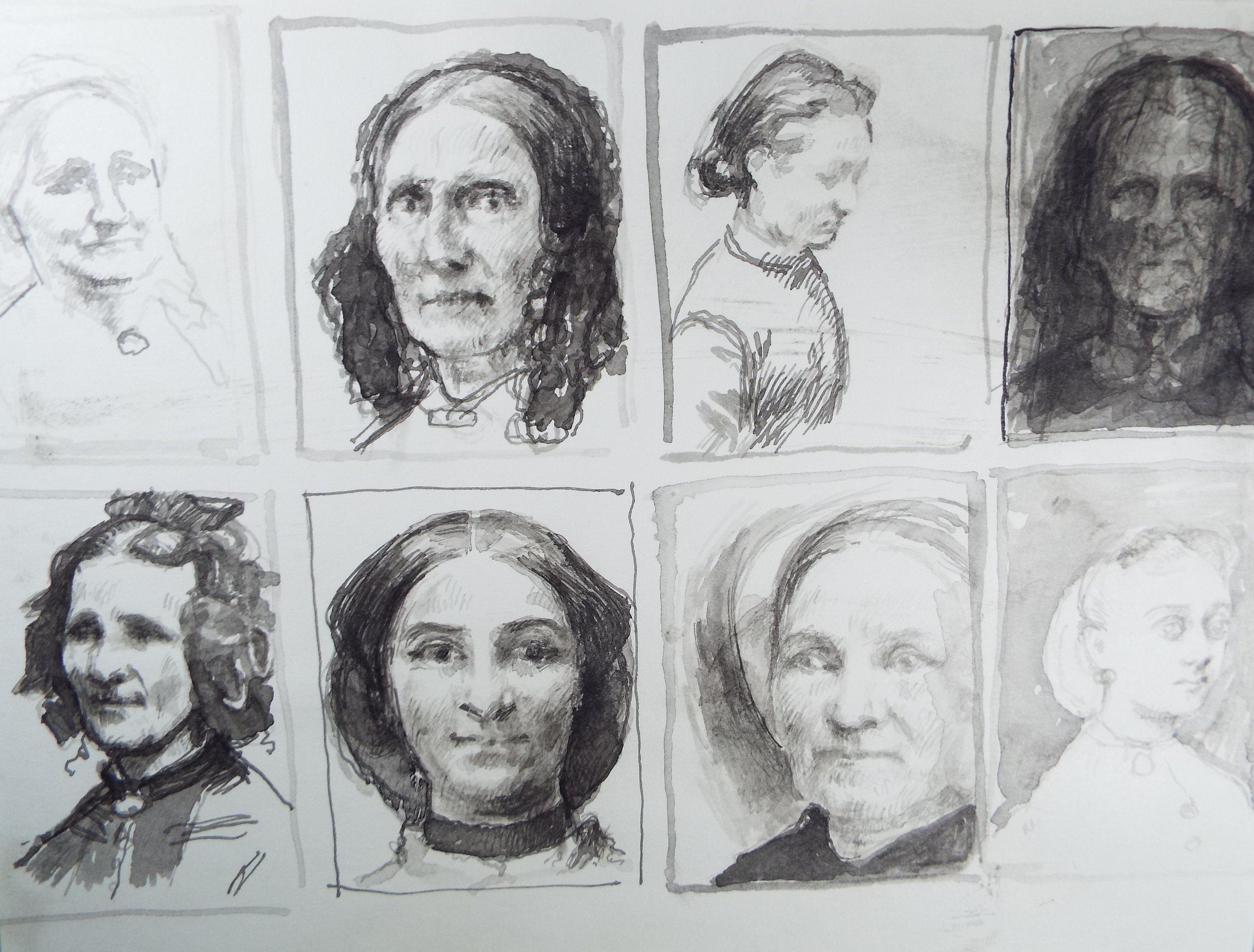 Original Pen and Black Wash Sketch  'Grisaille Portraits of Victorian Women', c1990s,  Michael Stennett (British 1946-2020)