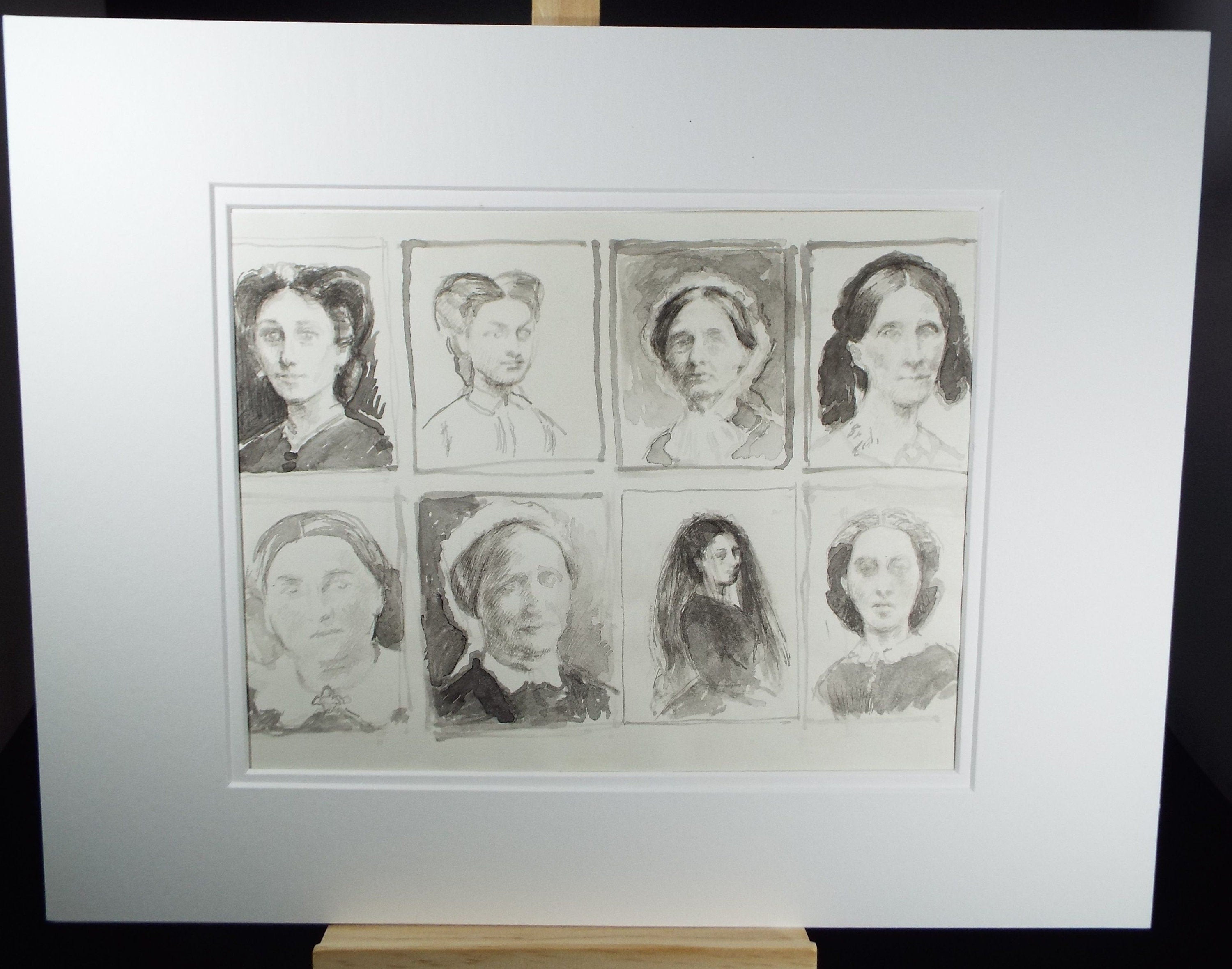 Original Pen and Black Wash Sketch  'Grisaille Portraits of Victorian Women', c1990s,  Michael Stennett (British 1946-2020)