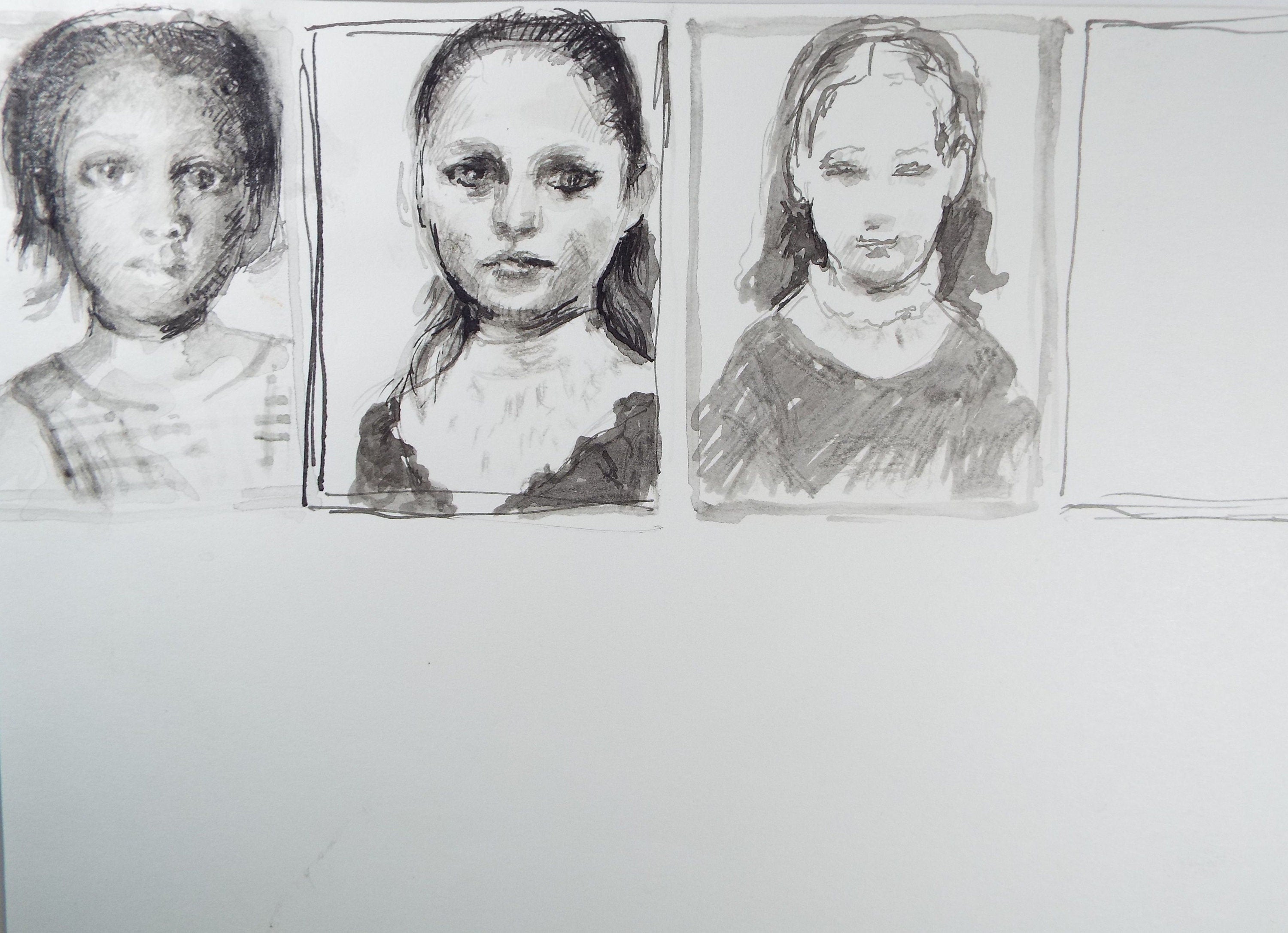 Original Pen and Black Wash Sketch  'Grisaille Portraits of Girls - Unfinished Work', c1990s,  Michael Stennett (British 1946-2020)