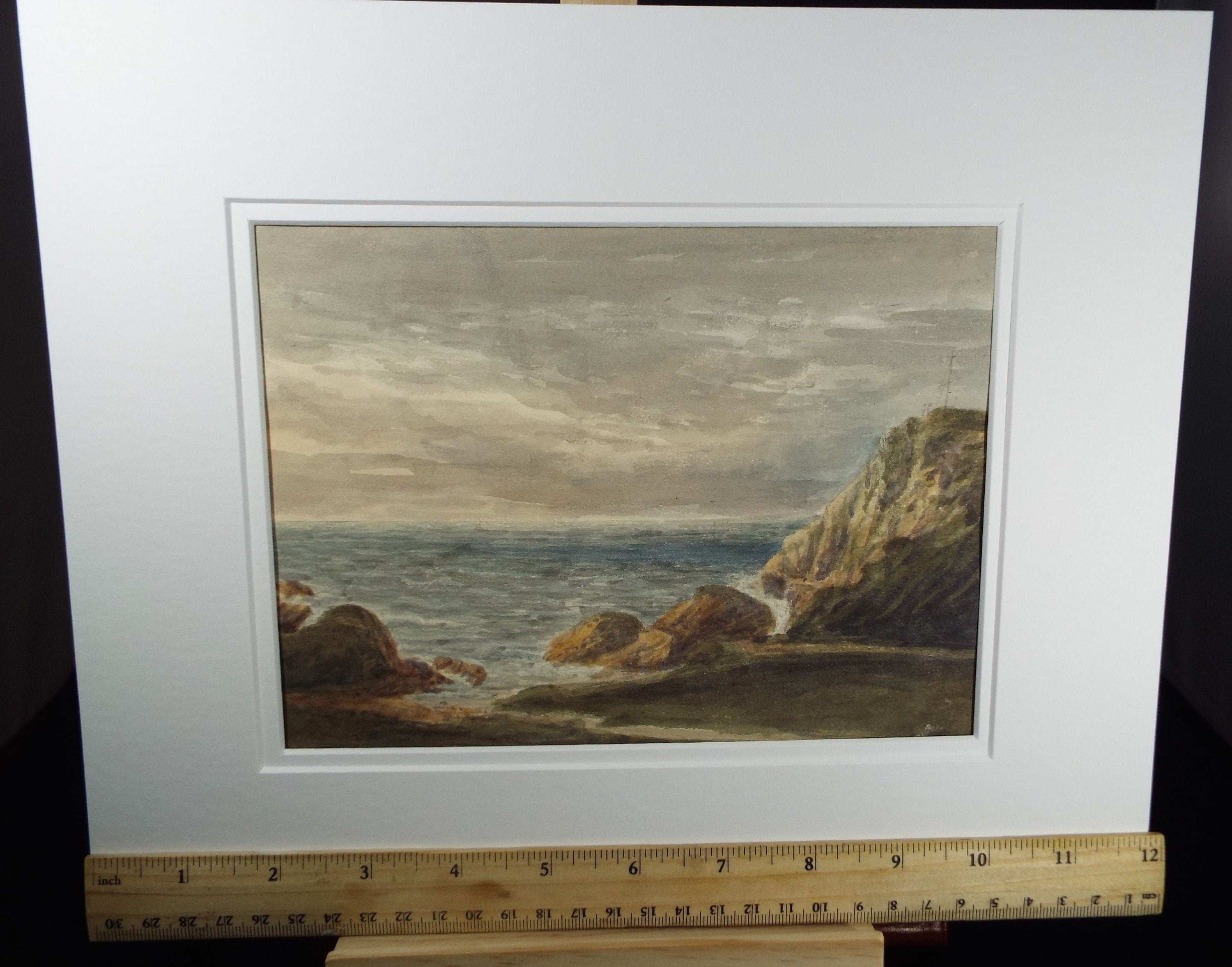 Original Watercolour c1820's, 'Rocky Coast with Semaphore Station'   Unknown Artist - Marine Landscape - Coastal Cliffs