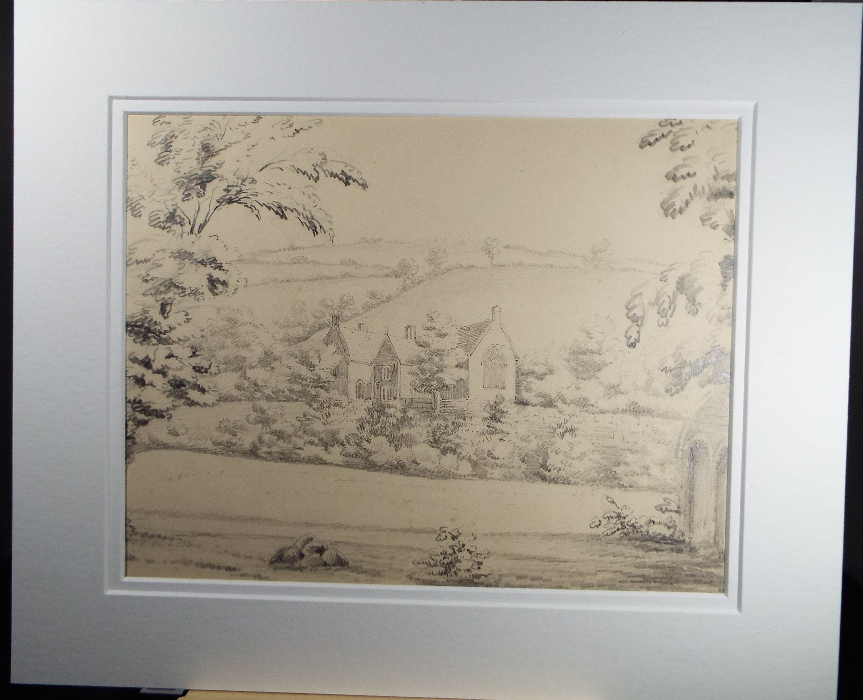 Original Pencil drawing c1860's, 'Manor House in a Landscape' - 'Unknown Artist
