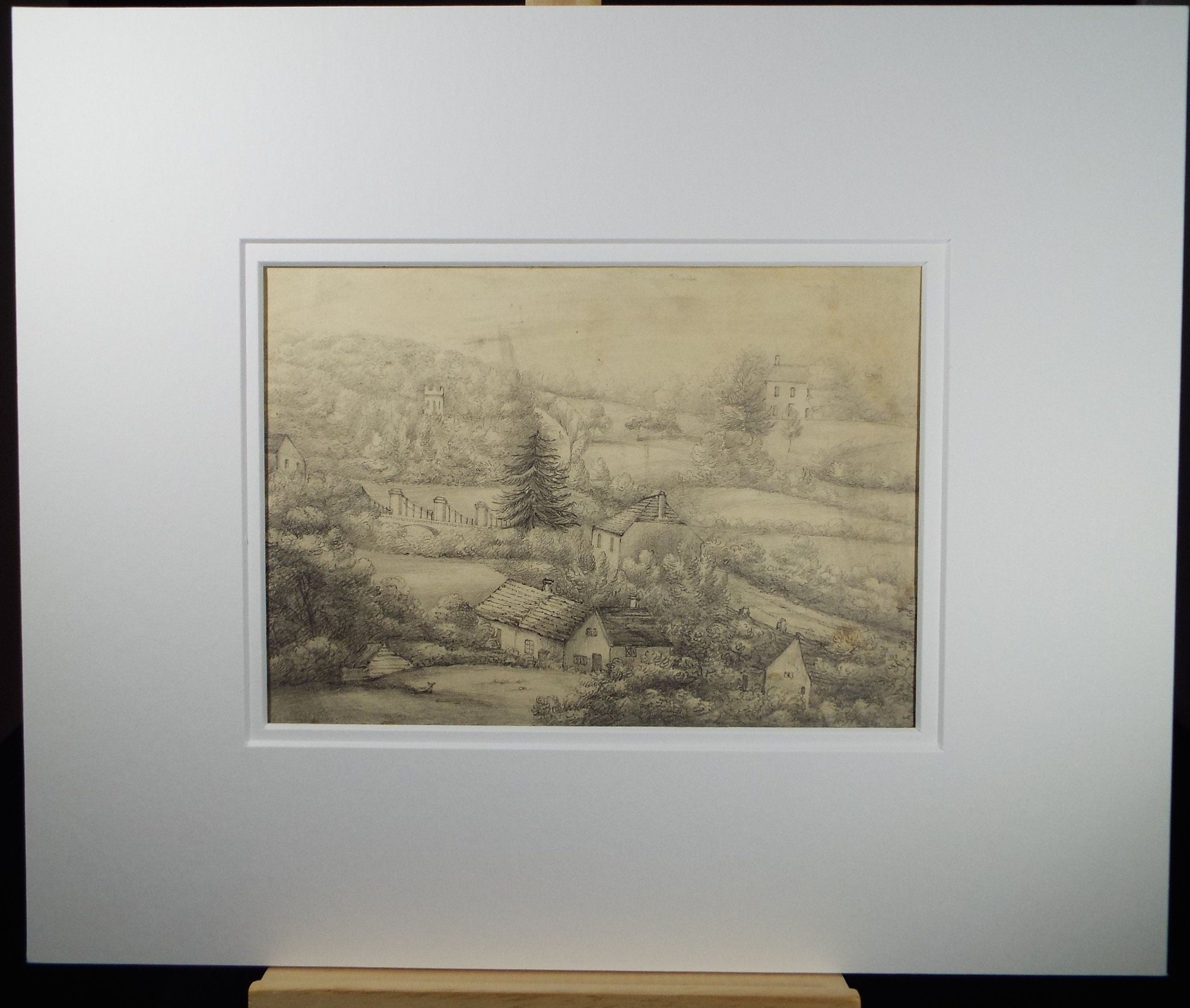 Original Grisaille Watercolour, Inscribed -  'Pen Y Bont, 1833,  Mary Ann Baker'