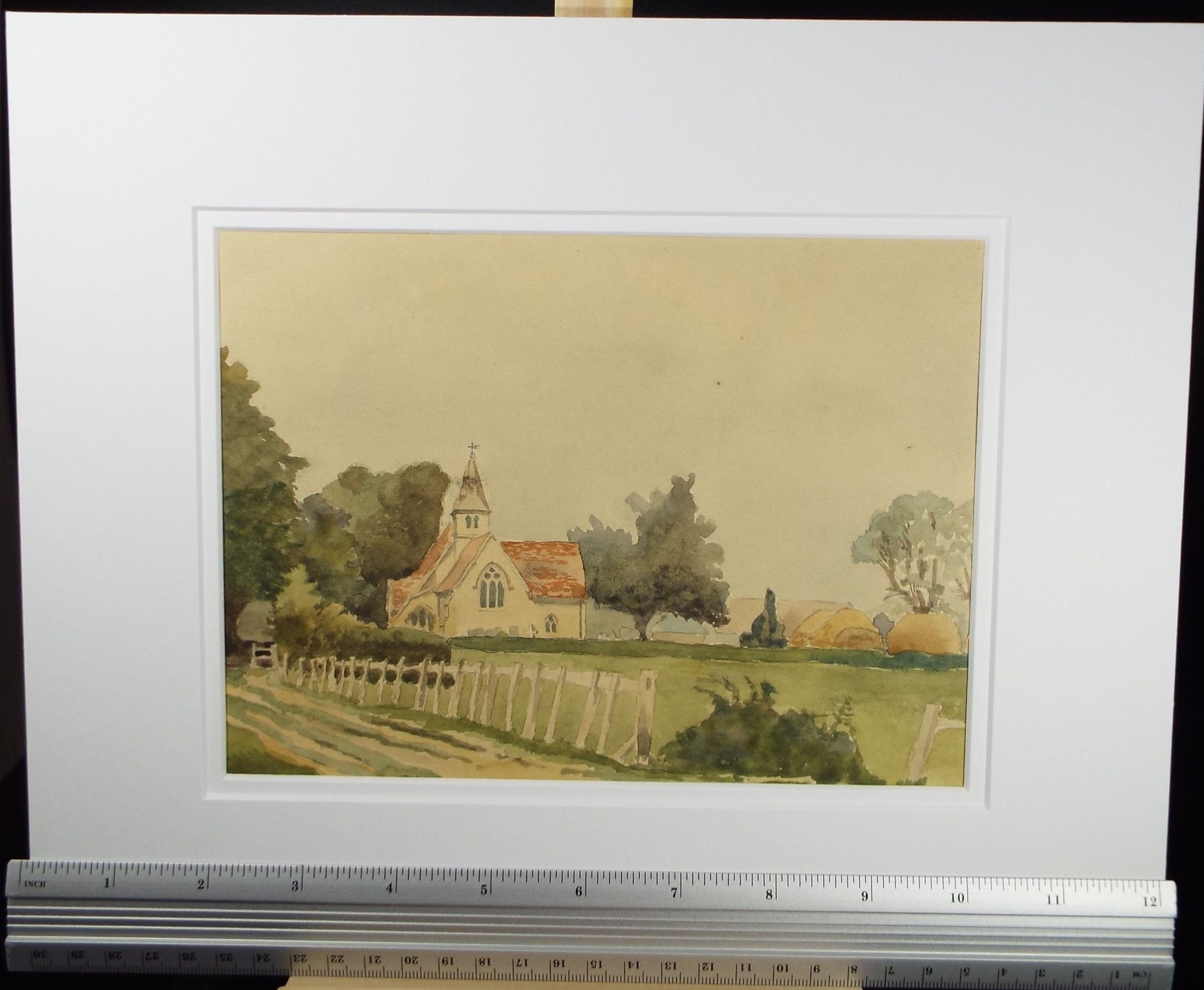 Original Watercolour, 'Church & Farm', c1920's Charles Frederick Way (1906-1981)