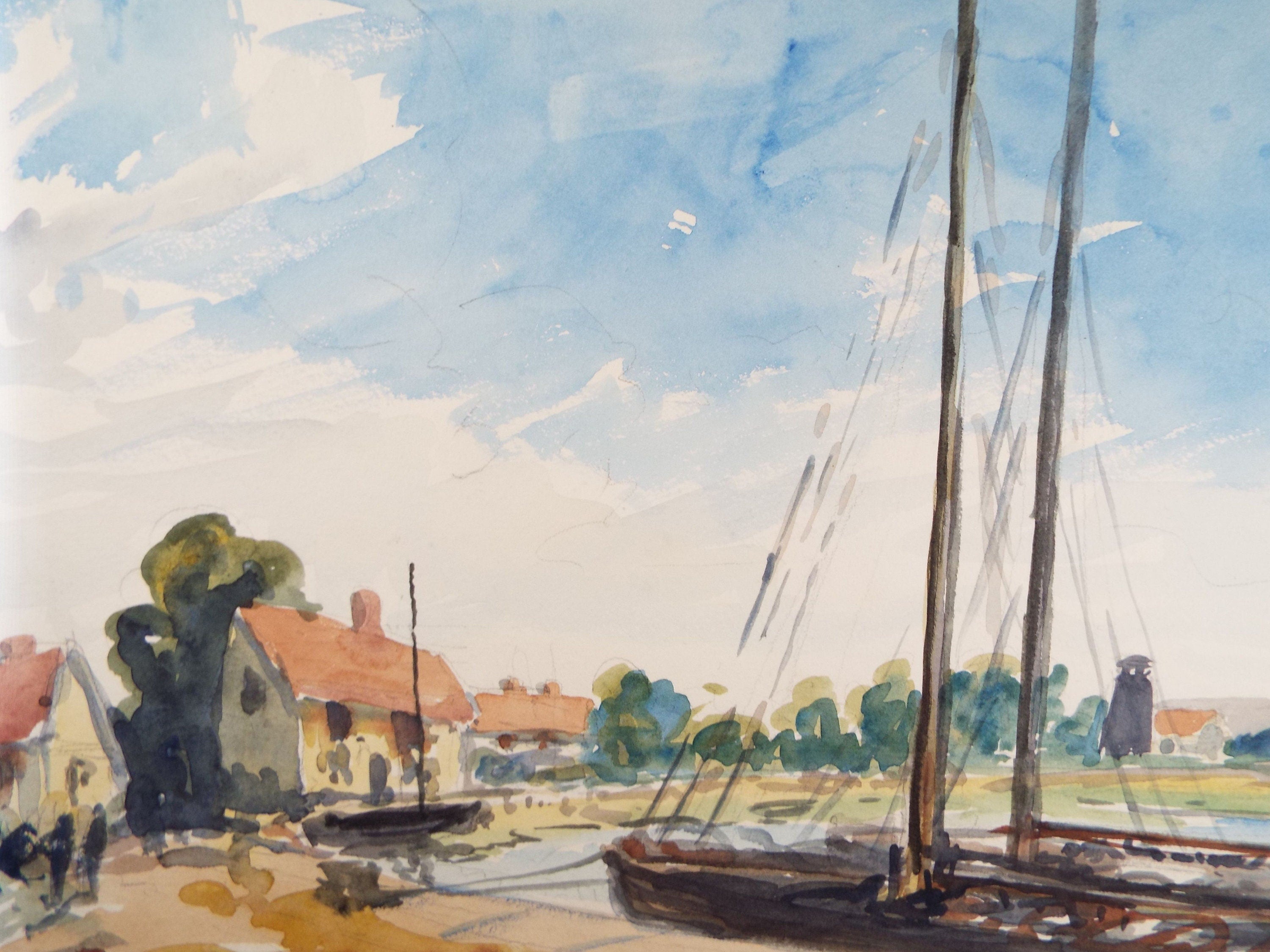 Original Watercolour, 'Sailing Barge at a Quay', Circa 1940's, Charles Frederick Way (1906-1981)