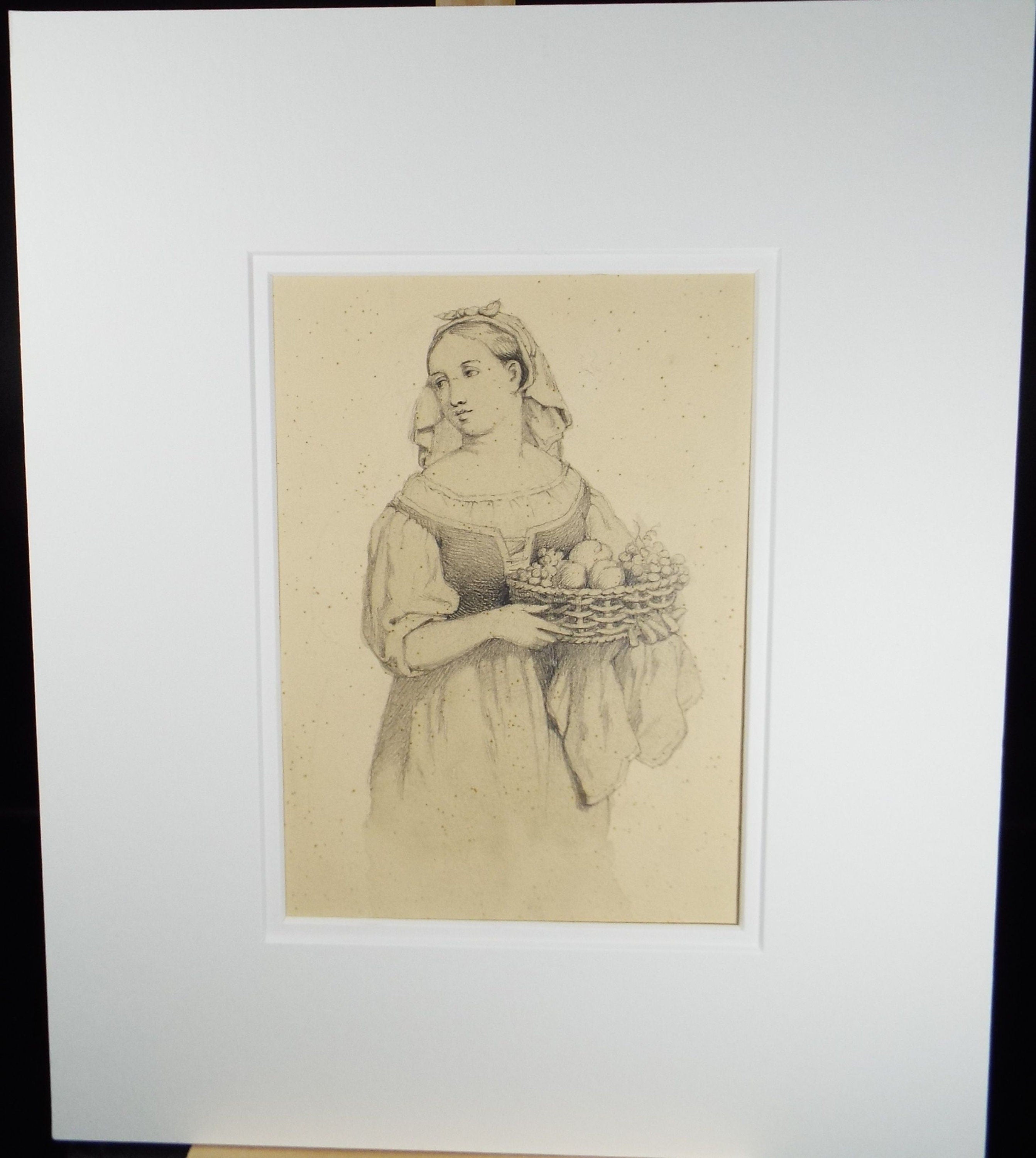 Original Graphite on Paper 'Study of Maiden with Fruit Basket', Circa 1870