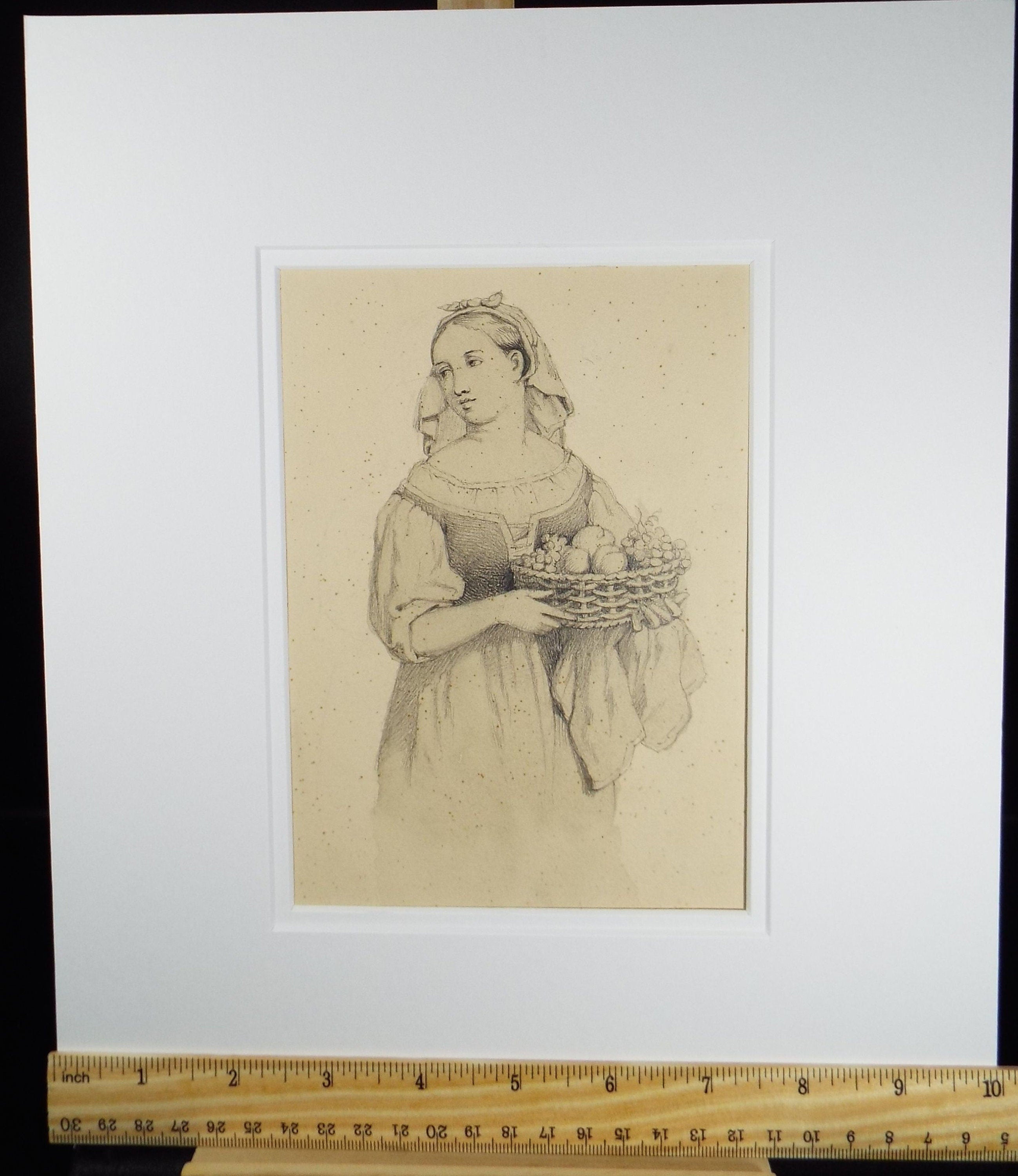 Original Graphite on Paper 'Study of Maiden with Fruit Basket', Circa 1870