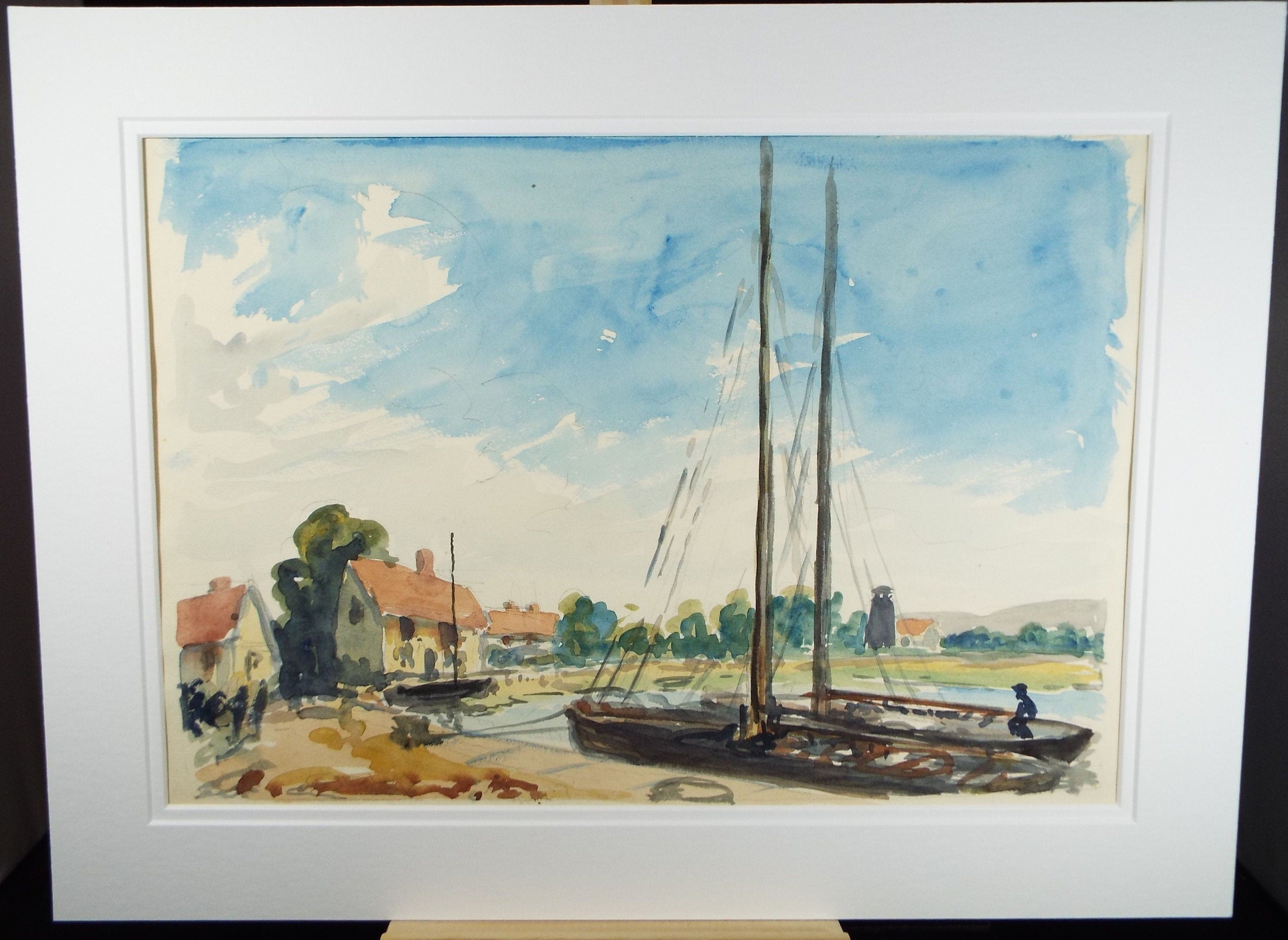 Original Watercolour, 'Sailing Barge at a Quay', Circa 1940's, Charles Frederick Way (1906-1981)