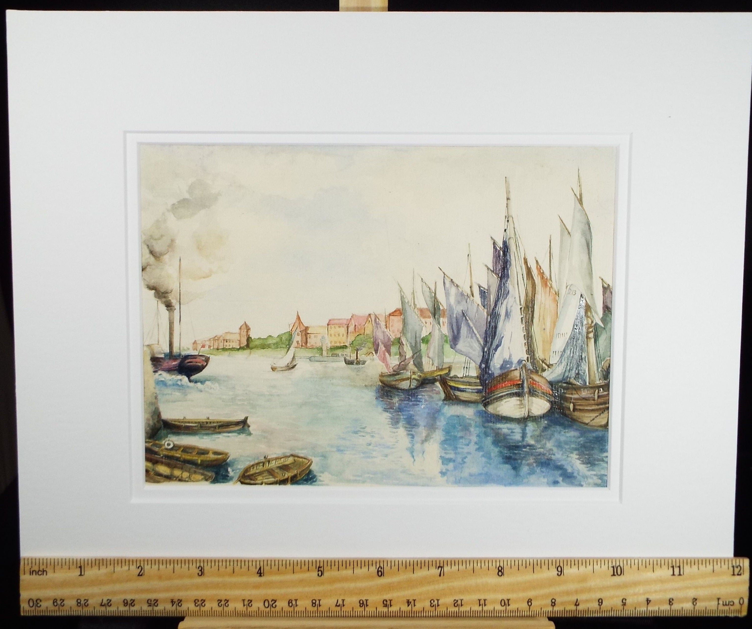 Original Watercolour, 'Moored Sailing Boats, Early 20th Century, Unknown Artist