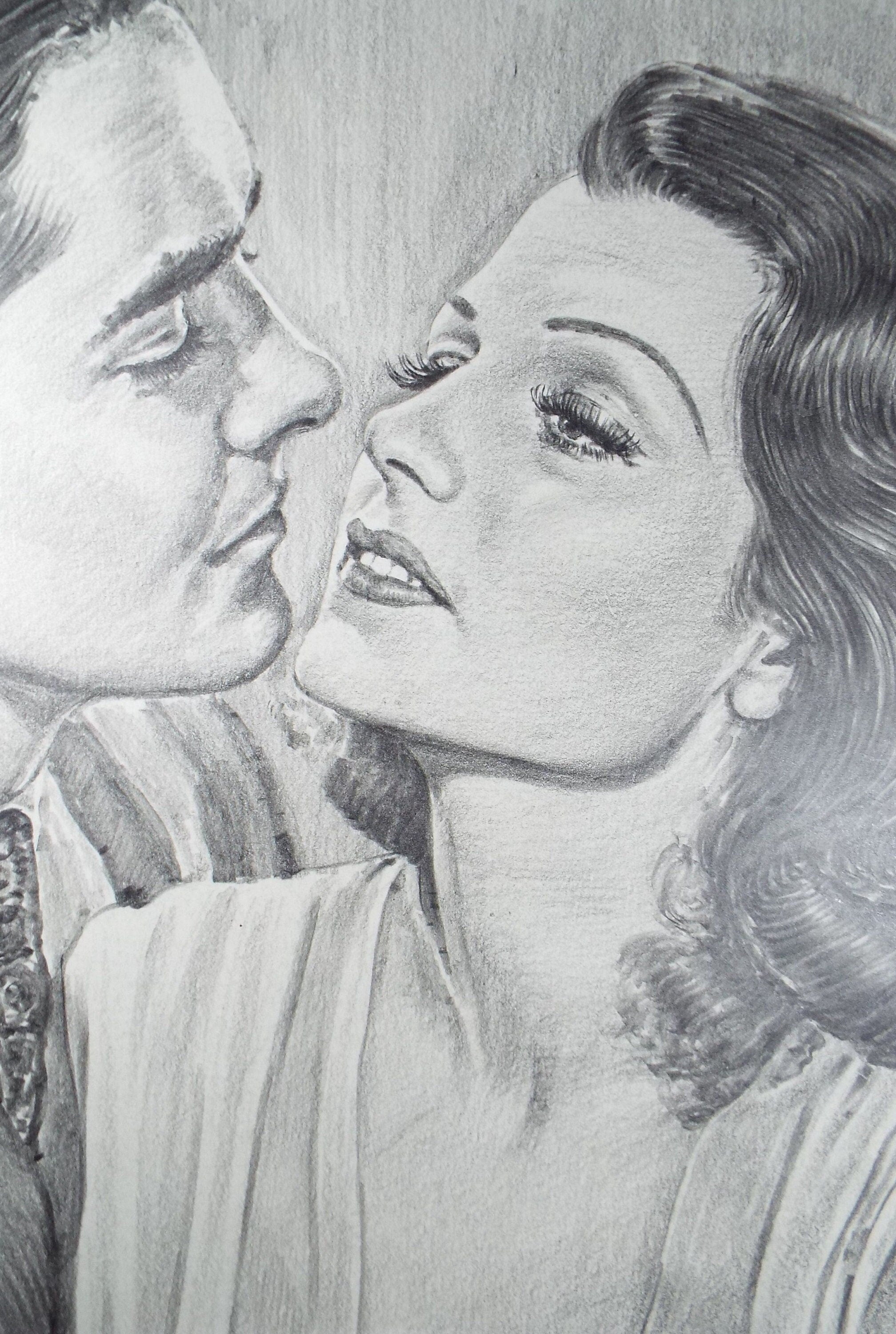 Original Pencil Drawing, 'Tyrone Power & Linda Darnell', Albert Leonard, Mid 20th Century