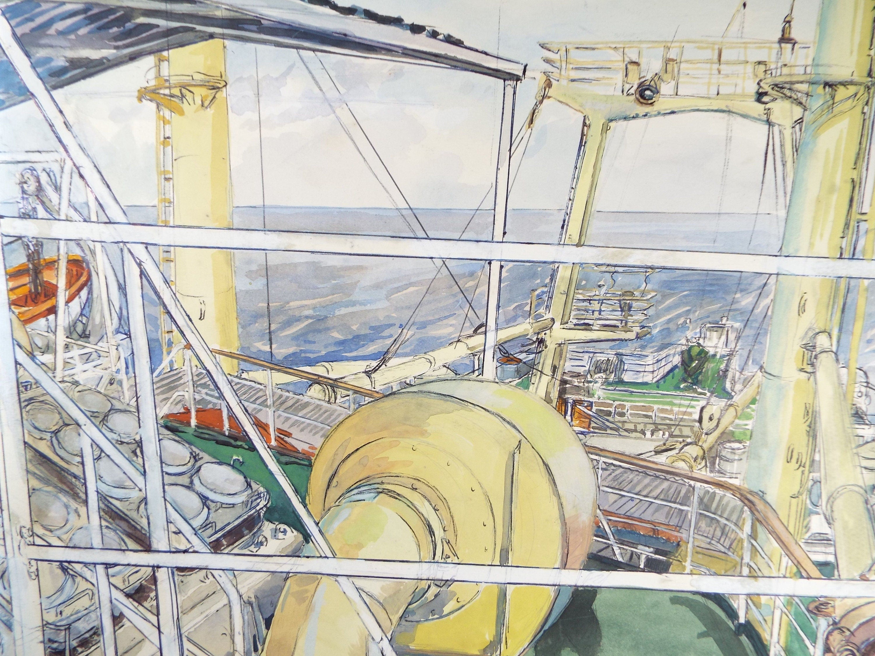 Original Watercolour, 'Aboard the Zygmunt - August', Circa 1950's, Ivy T. Attwell.