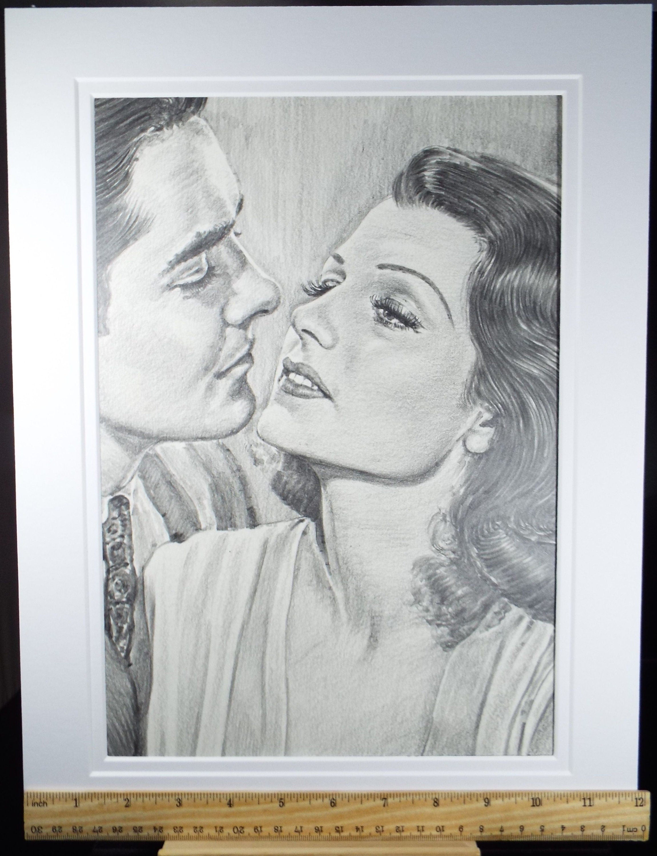 Original Pencil Drawing, 'Tyrone Power & Linda Darnell', Albert Leonard, Mid 20th Century