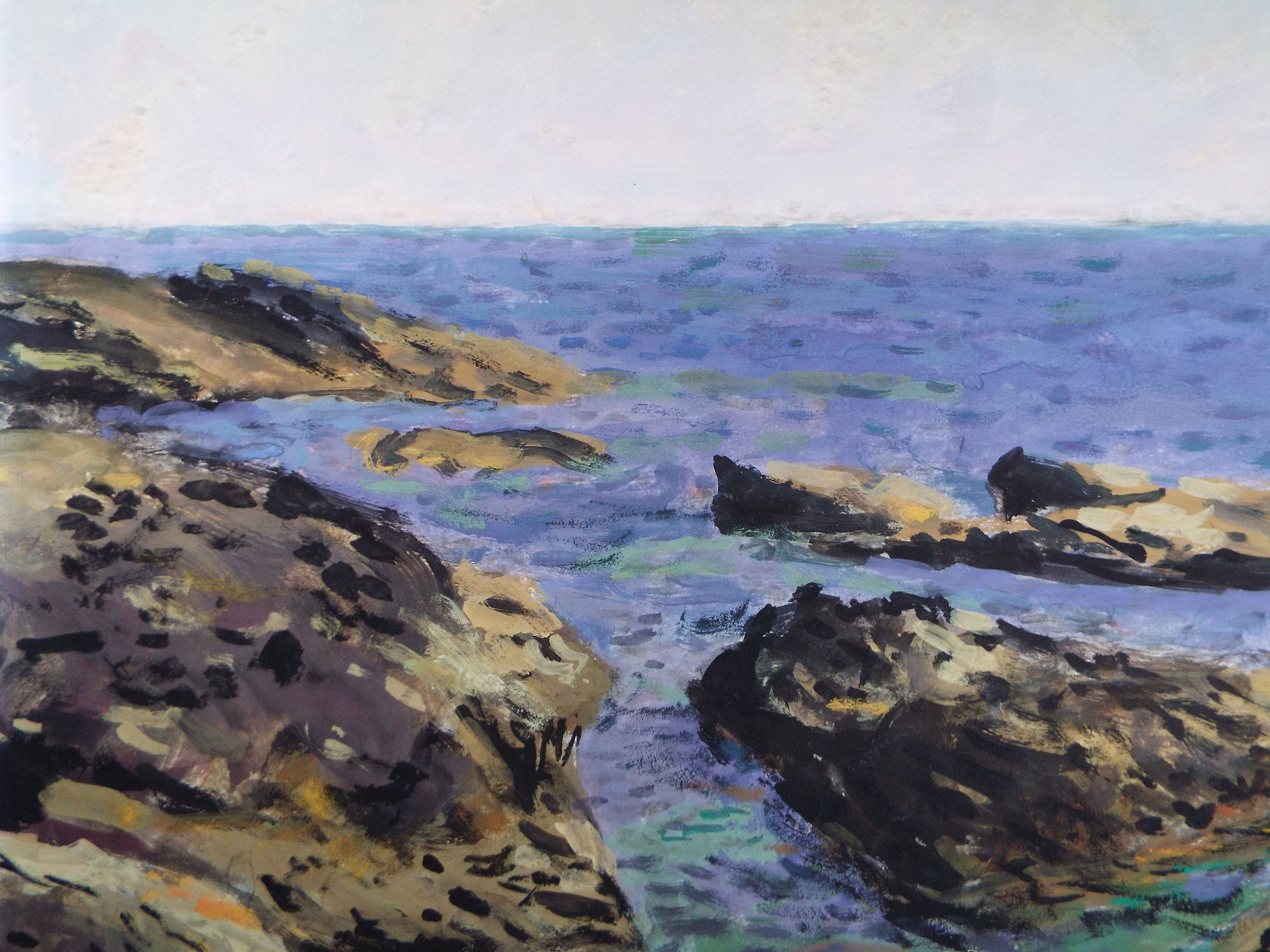 Original Gouache on paper, 'A Rocky shore', Unknown Artist, circa 1960's - Marine Landscape