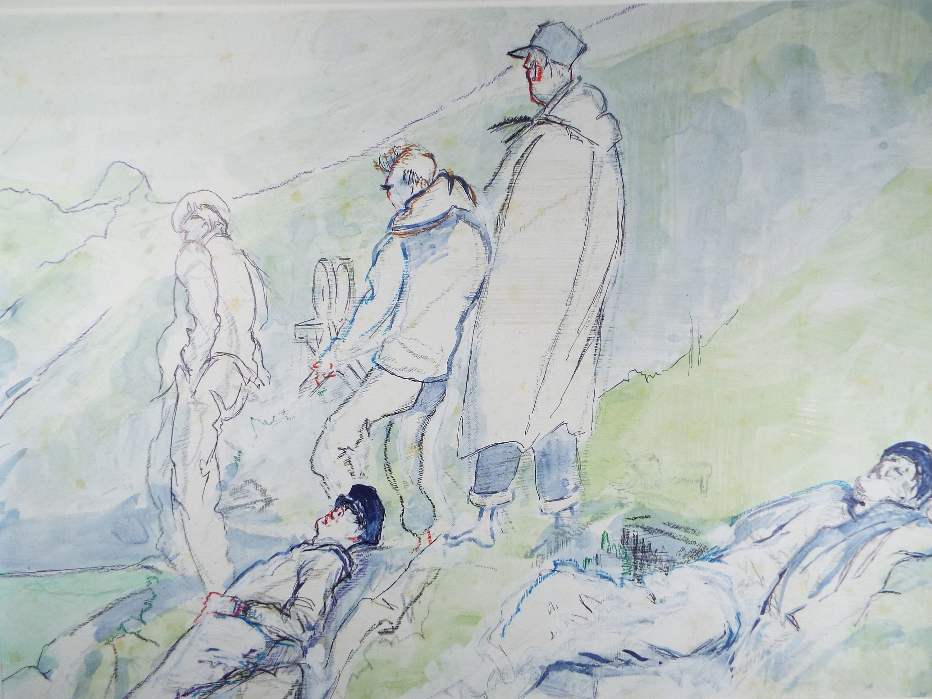 Original Watercolour & Gouache, 'Figures on a hillside above mine workings', Ivy T. Attwell (20th Century, British)