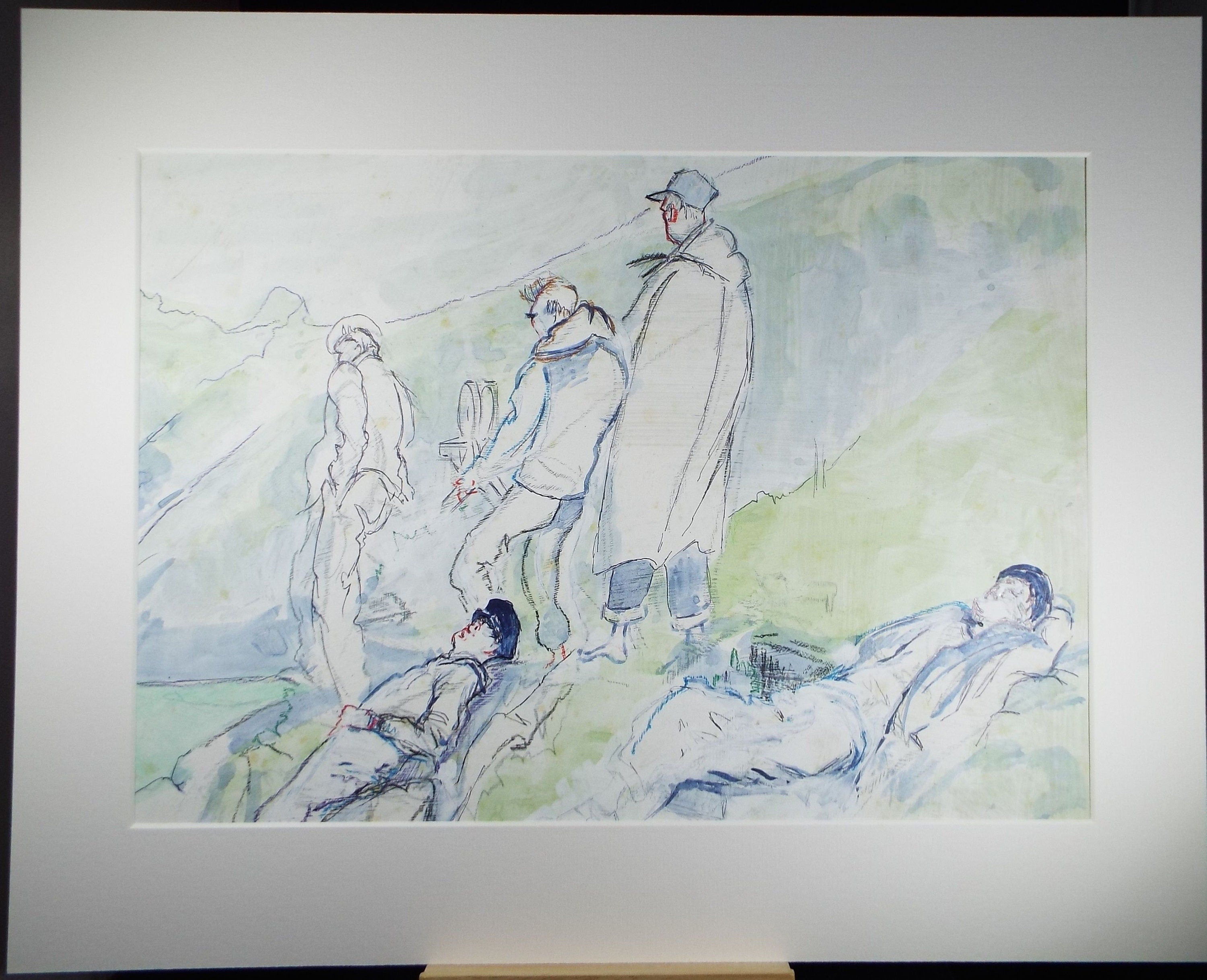 Original Watercolour & Gouache, 'Figures on a hillside above mine workings', Ivy T. Attwell (20th Century, British)