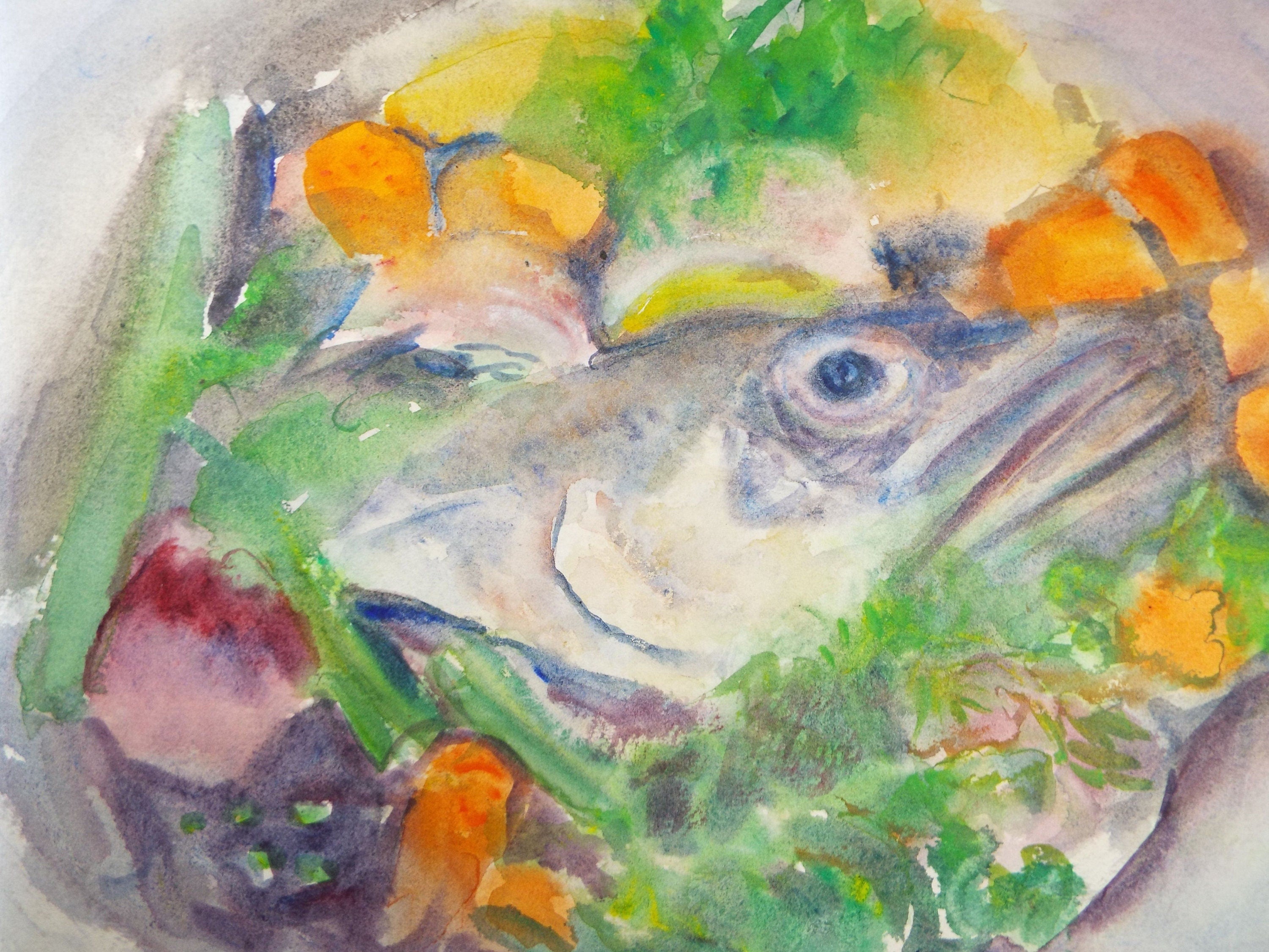 Original Watercolour & Gouache, 'Cod head on a Platter' 1990's, Doroth