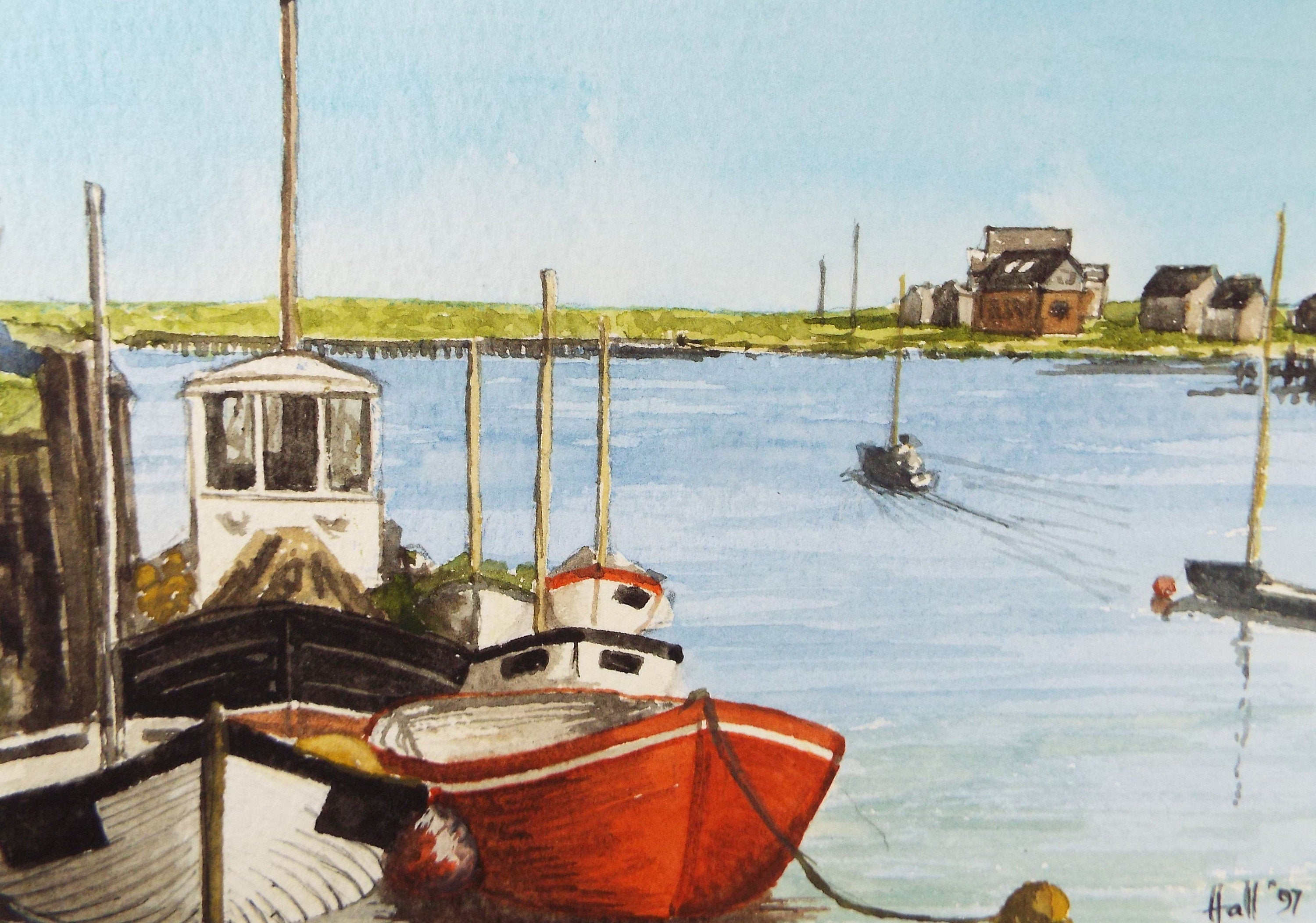Original Watercolour, 'Boats on the River, Southwold', c1990's, Peter Hall