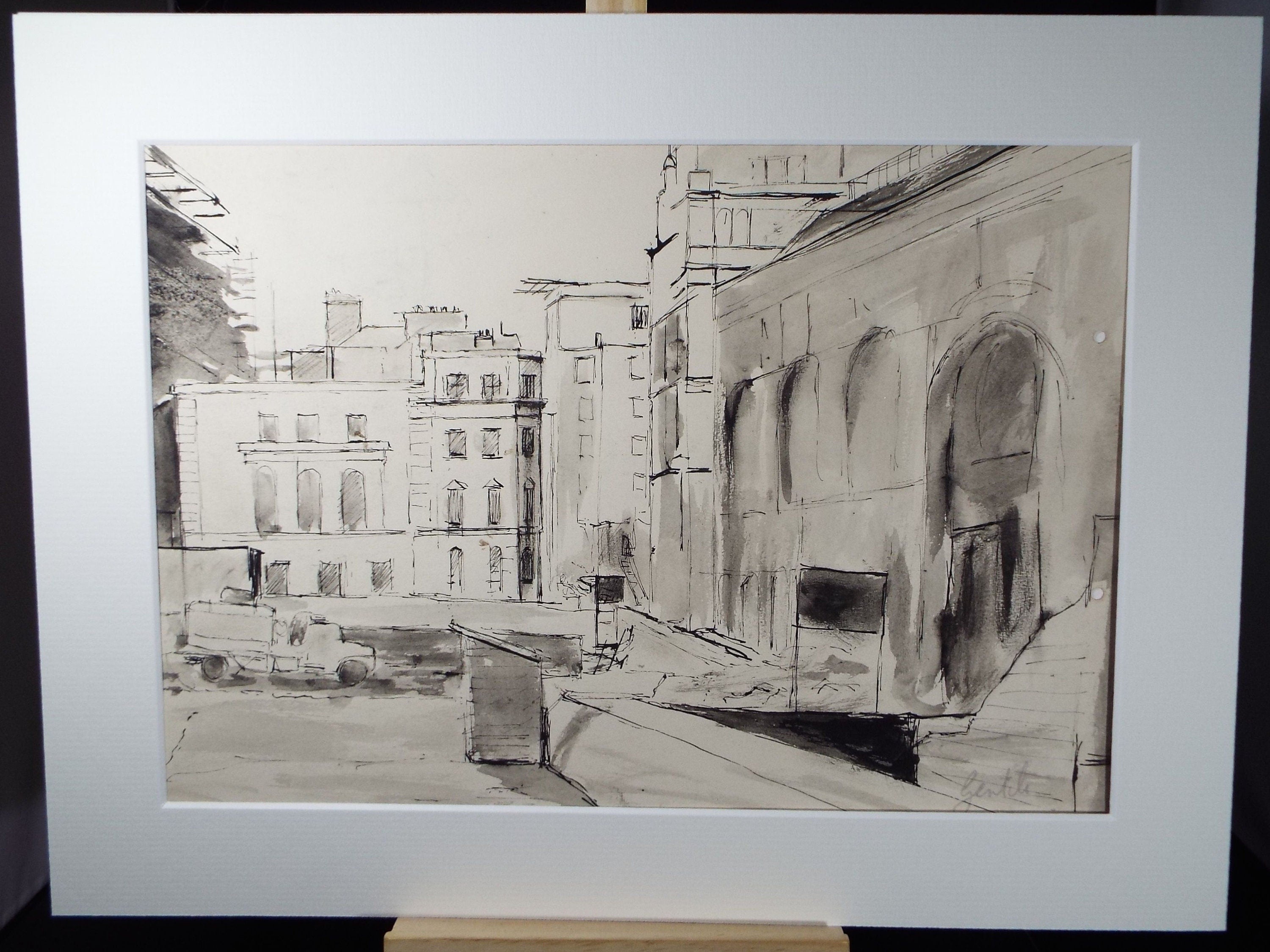 Original Ink & watercolour Drawing, 'Street Scene', Circa 1960's, Signed Gentile