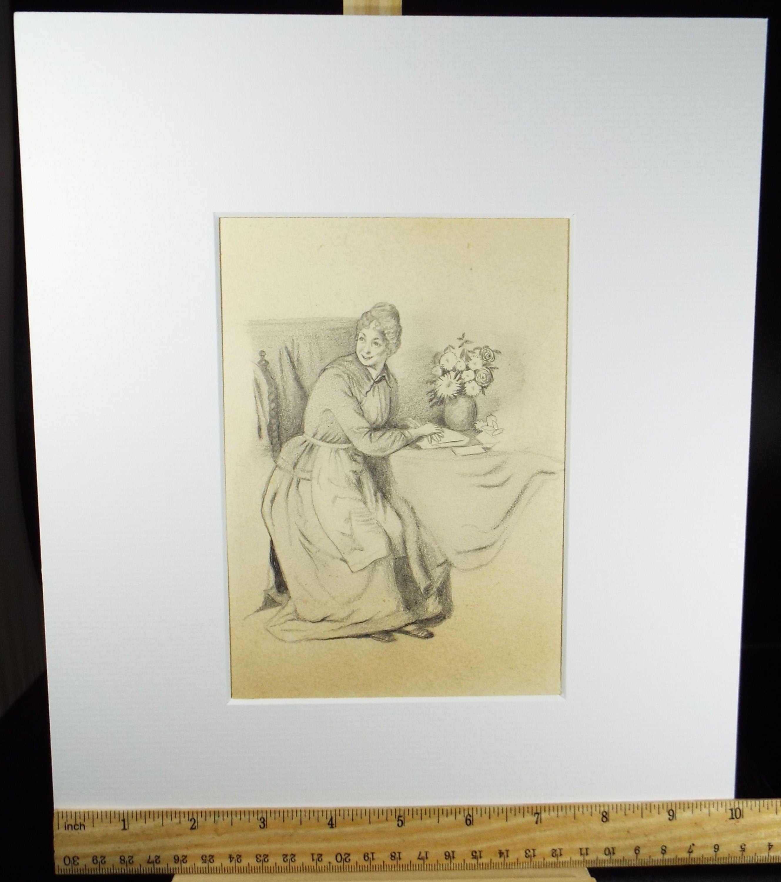 Original Pencil Drawing, 'At the Table',  Circa 1890's, Artist Unknown