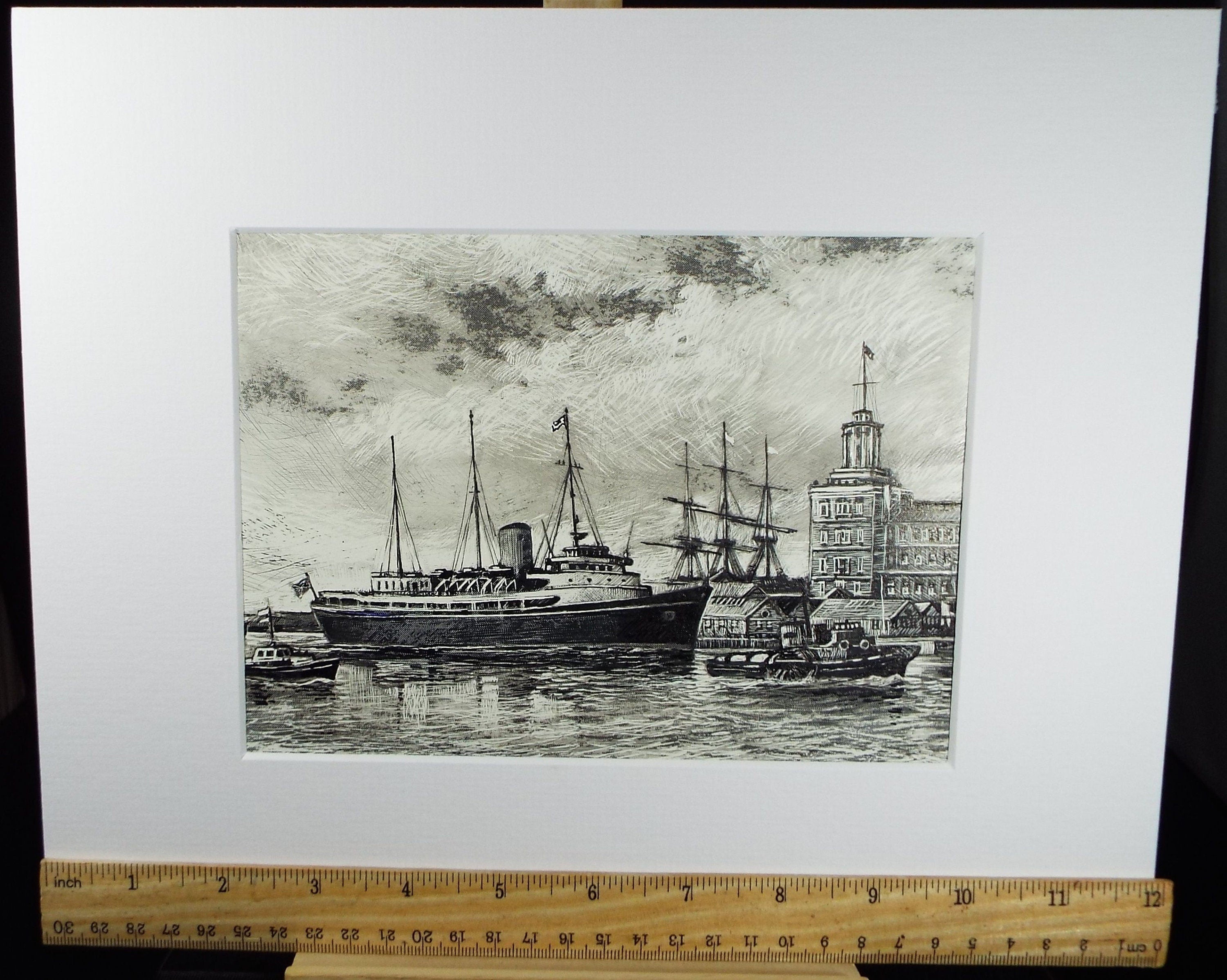 Original Drawing on Scraper Board, 'Britannia in Portsmouth Harbour',  1985, David Beer b1936