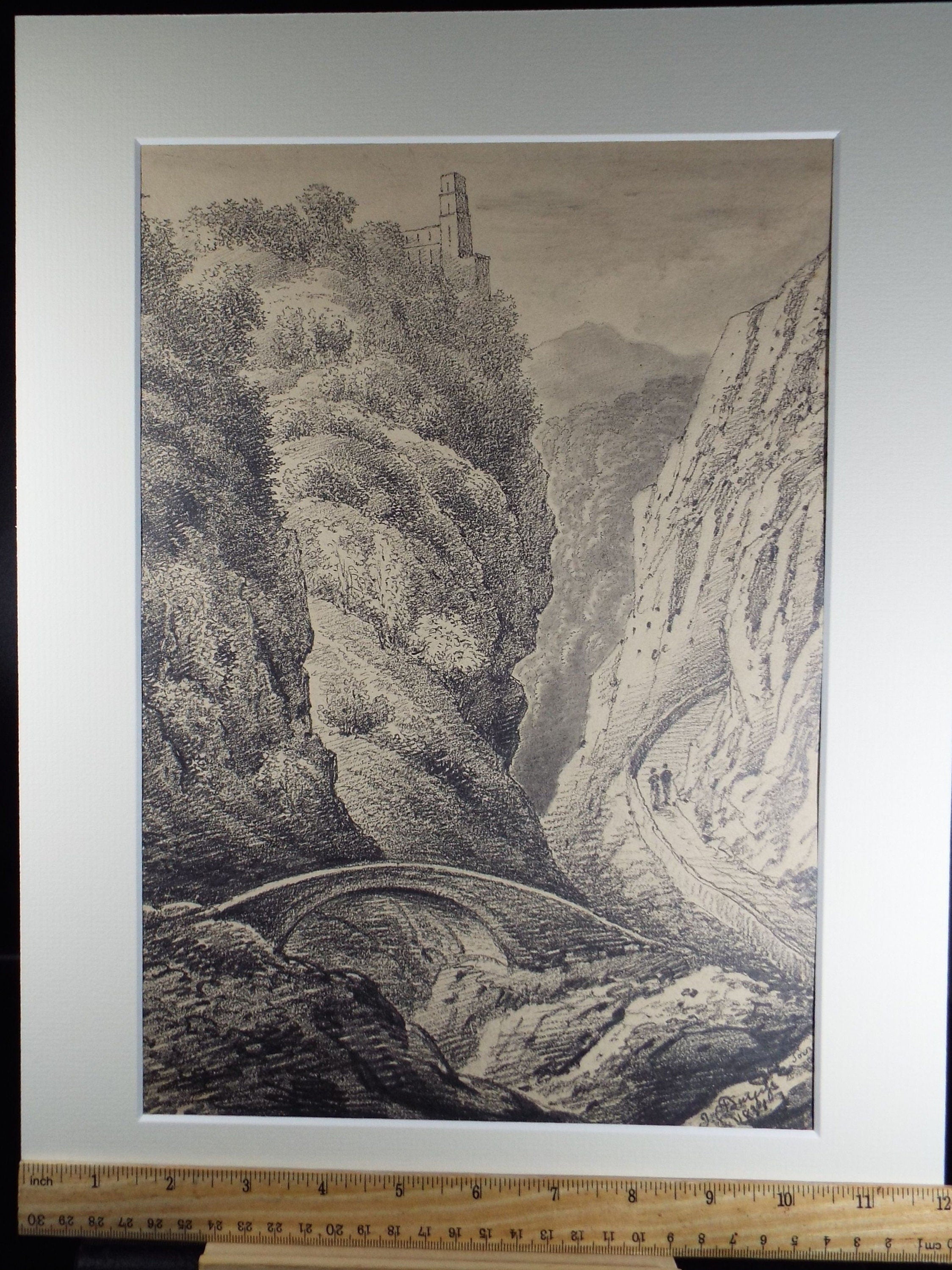 Original Pencil Drawing,'Mountain Pass with Figures', John Cart Burgess (1798-1863), Dated 1831