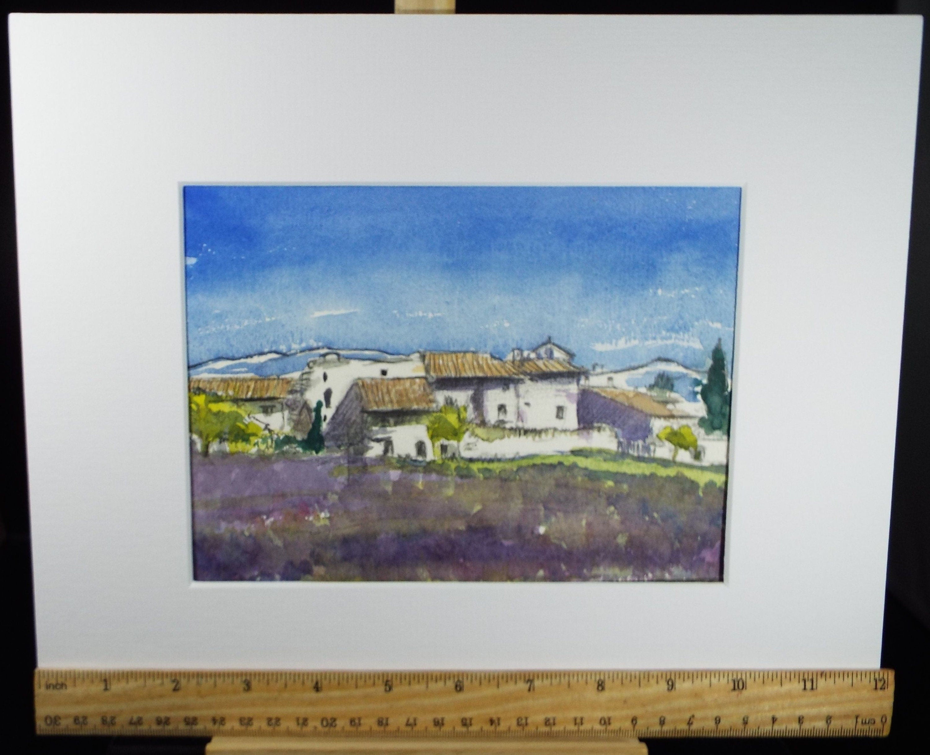 Original Watercolour, ' Farmhouse in Lavender Fields', circa 1980's, Artist Unknown