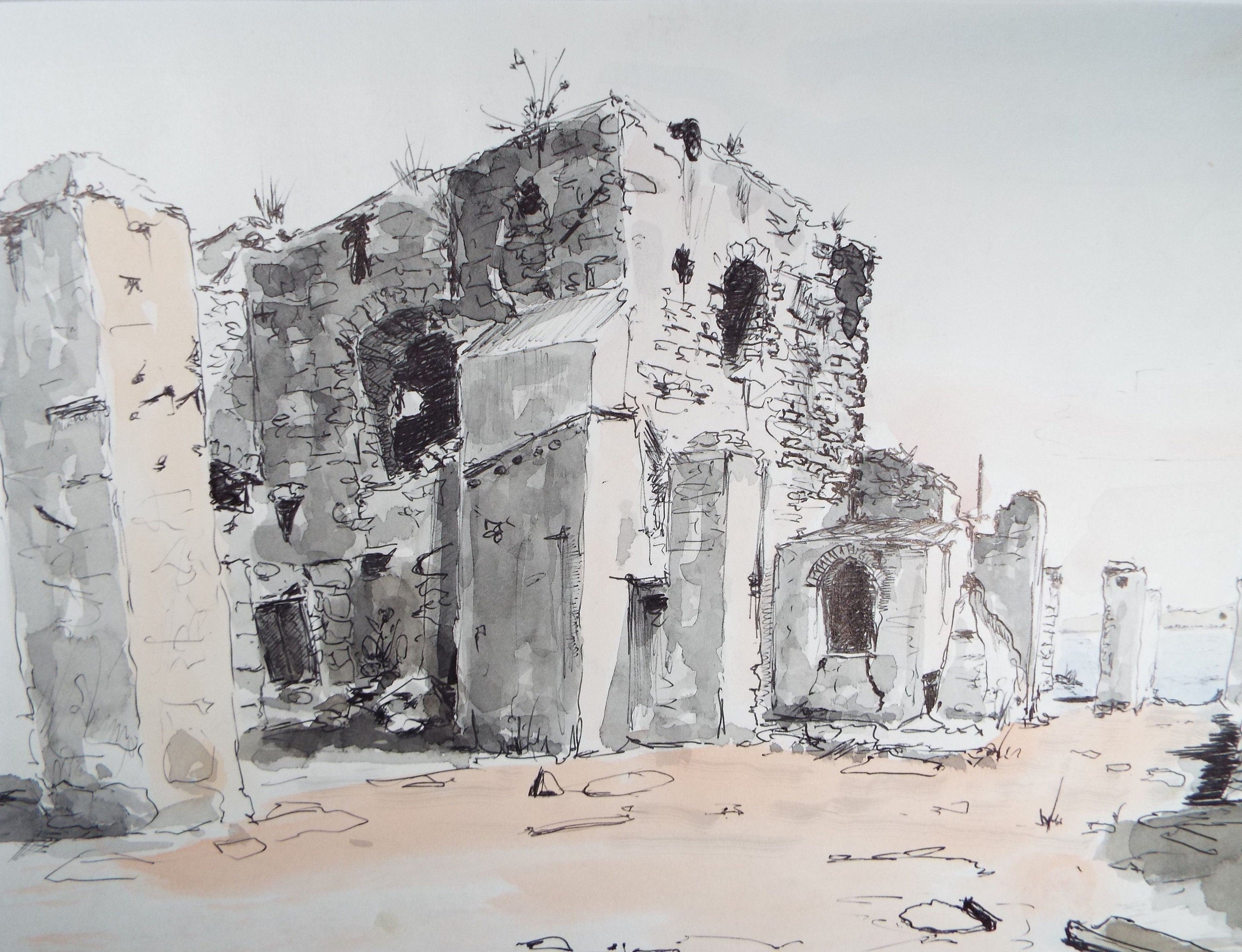 Original Watercolour & India Ink , 'Ischia - Fabbrica della Calce', Dated 1965, Indistinctly Signed