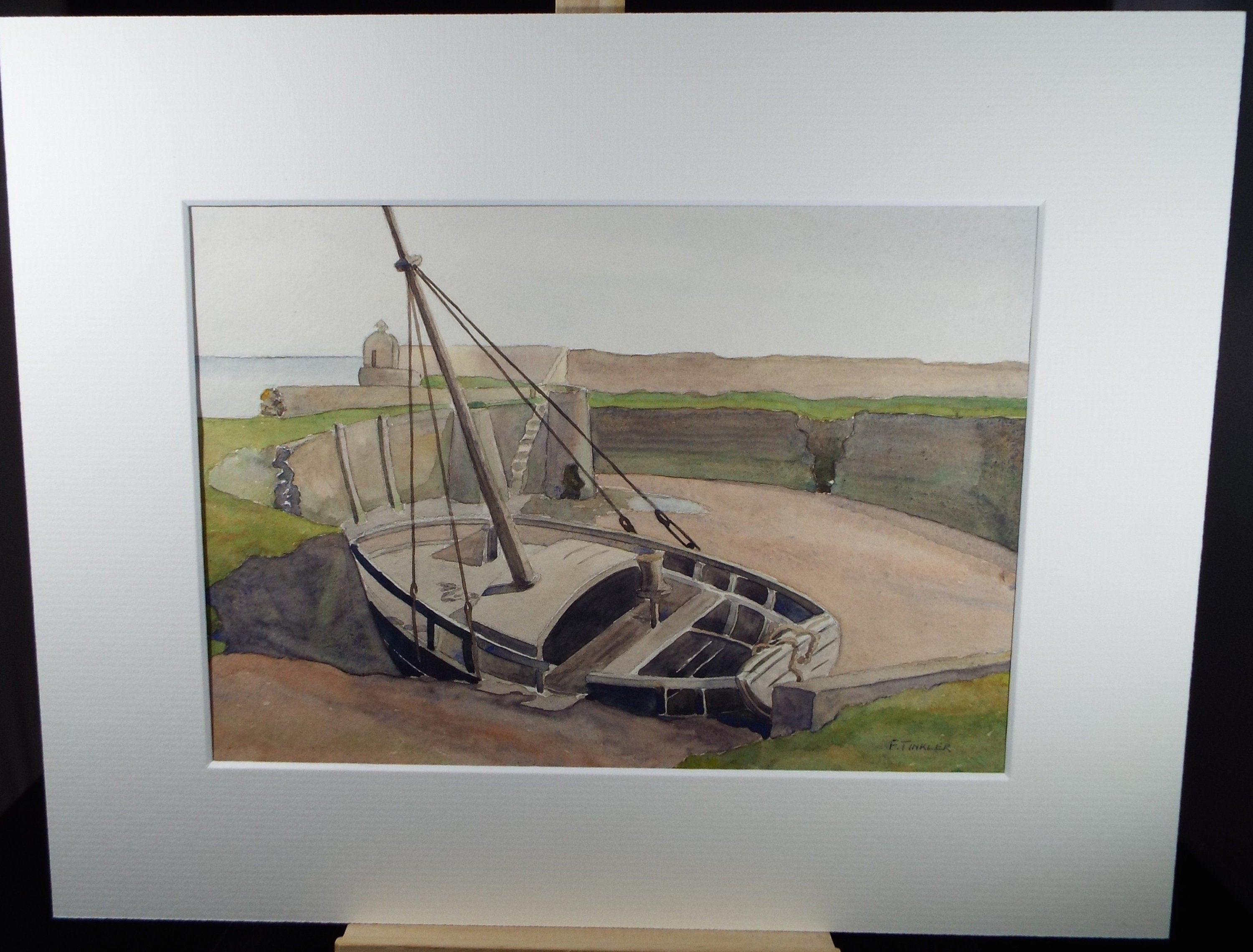 Original Watercolour, 'Sailingboat in the Harbour', F Tinkler, circa 1940's