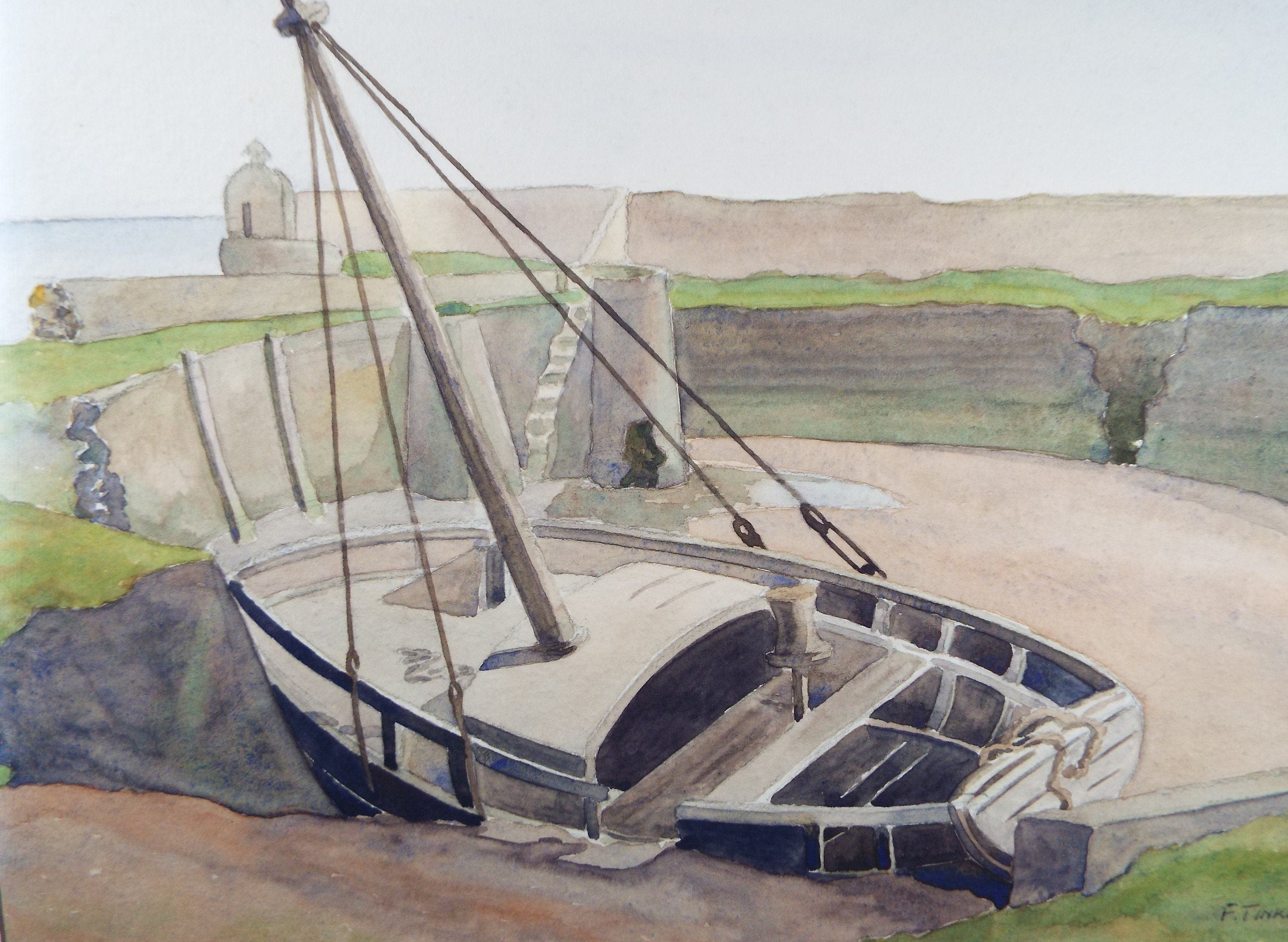 Original Watercolour, 'Sailingboat in the Harbour', F Tinkler, circa 1940's