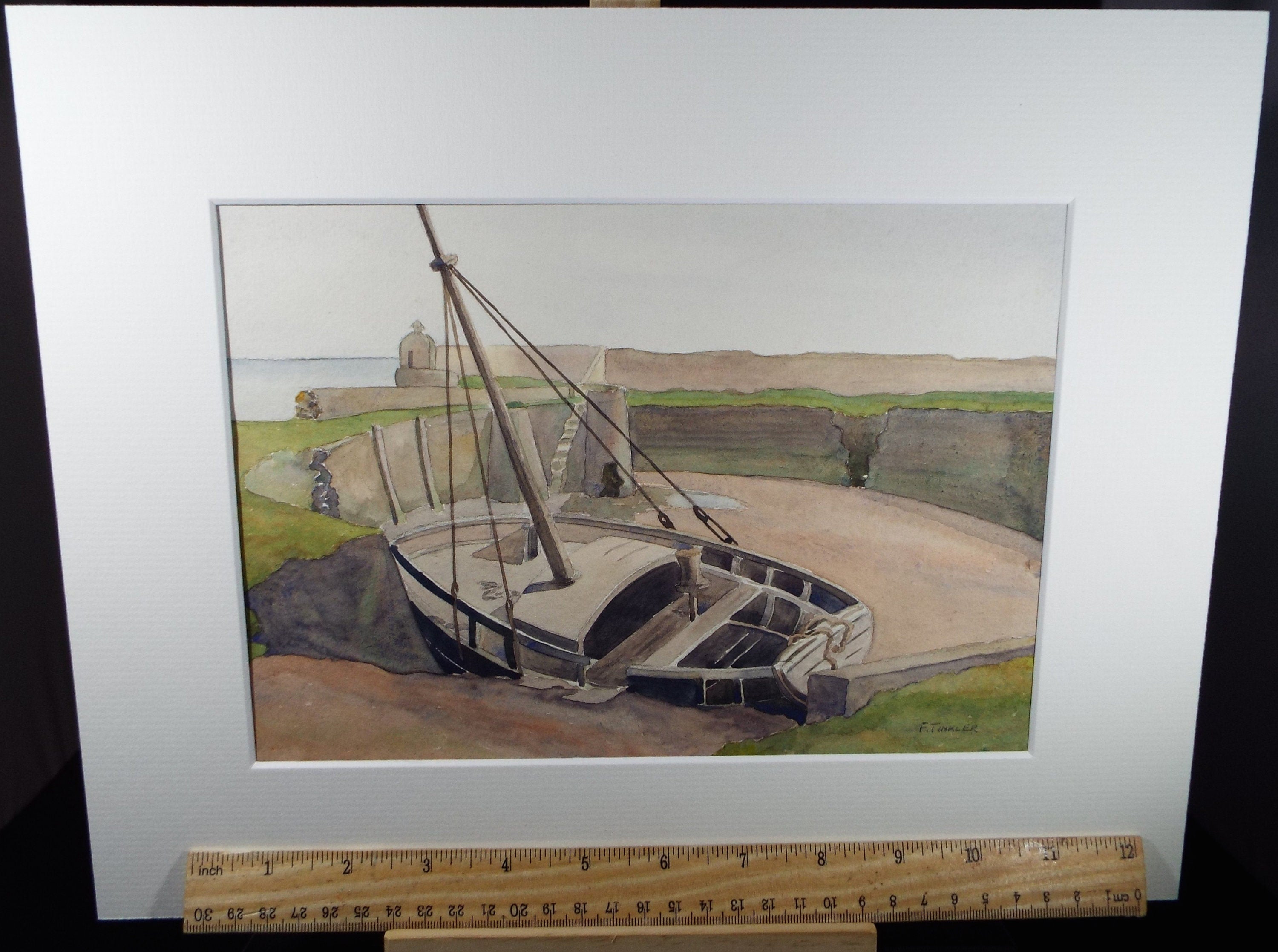 Original Watercolour, 'Sailingboat in the Harbour', F Tinkler, circa 1940's