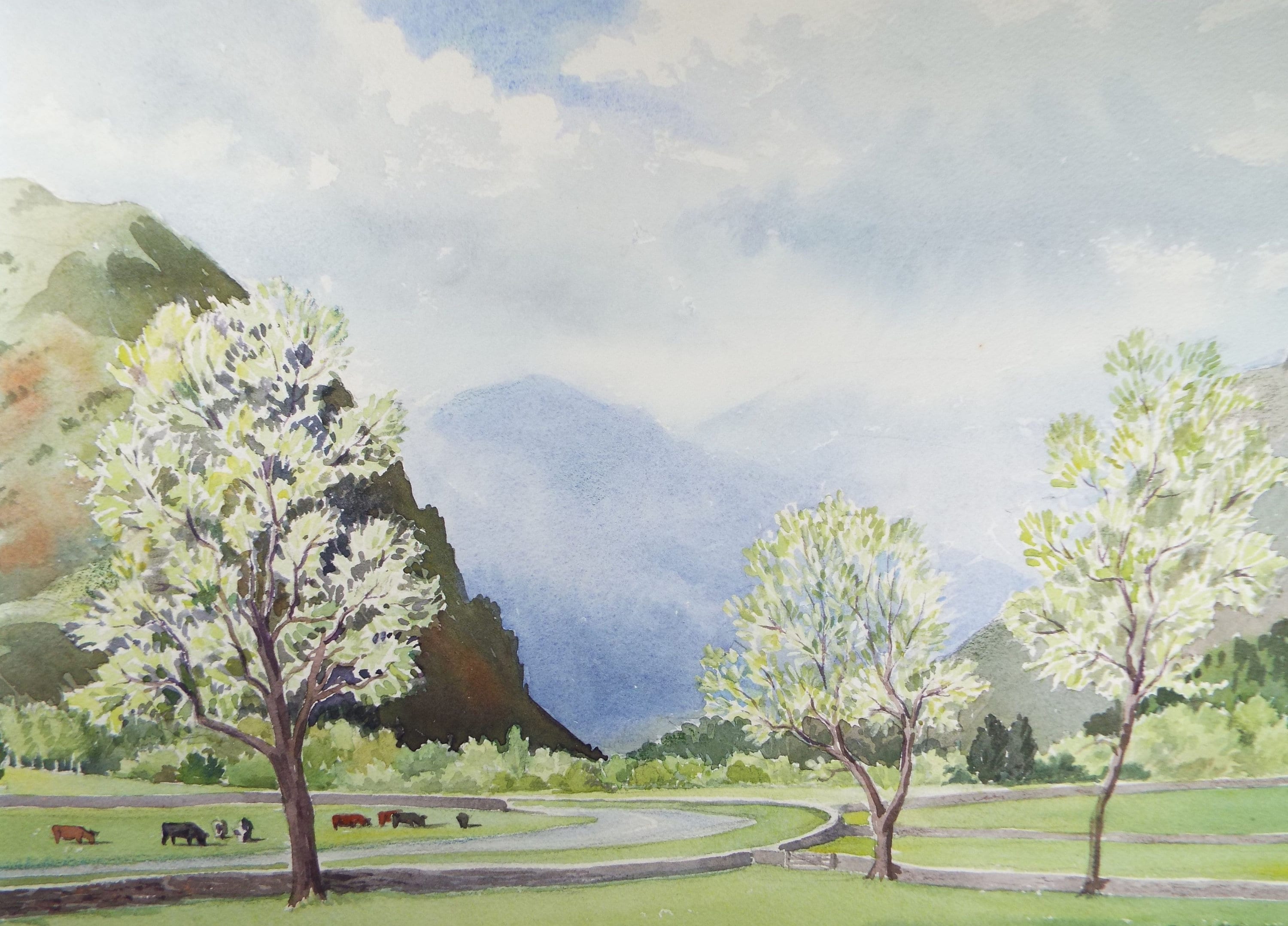 Original Watercolour, 'Cattle by the River' c1960's,  P.R. Miller