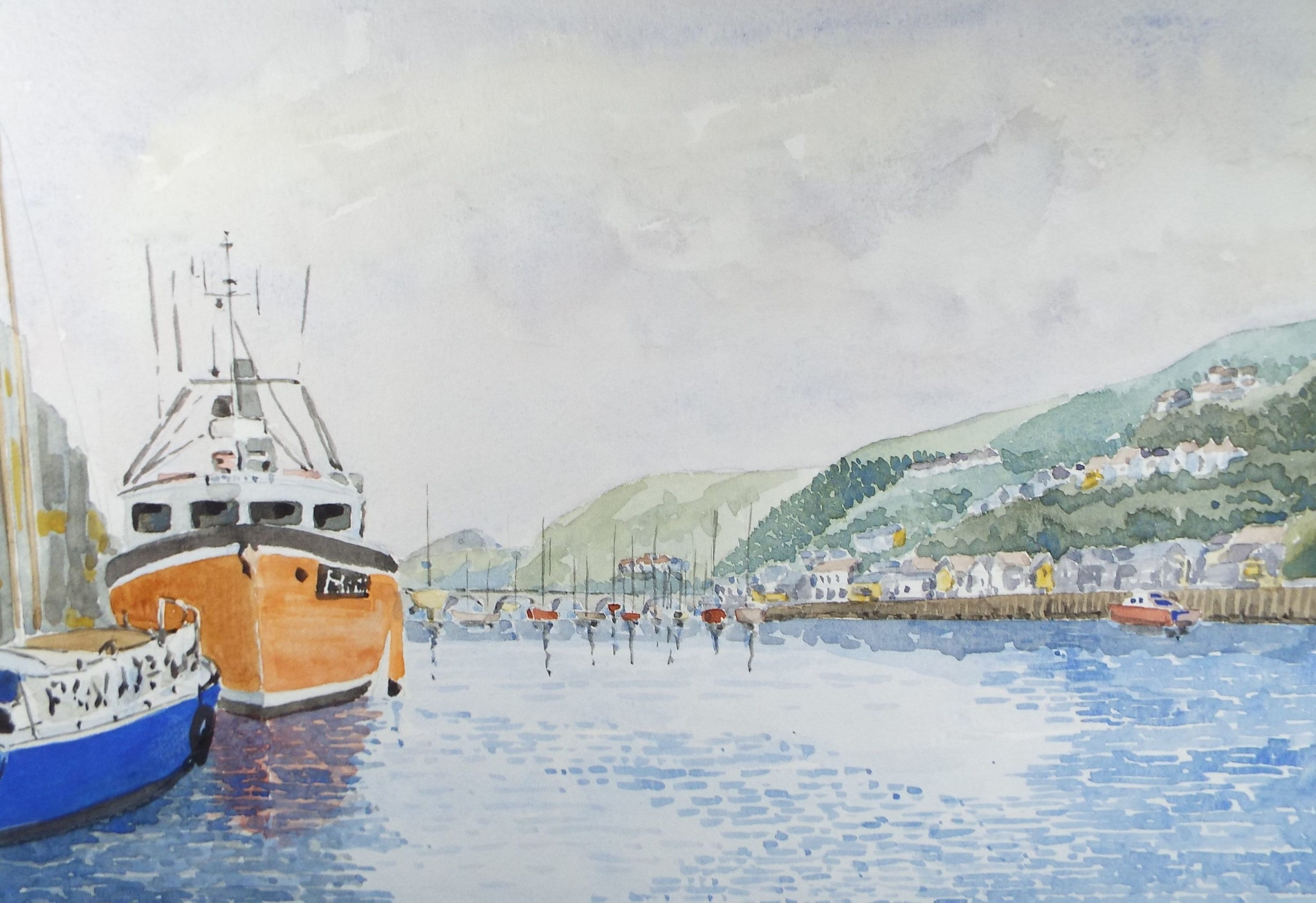 Original Watercolour, 'Moored Boats',  Monogram PL, Circa 1990's
